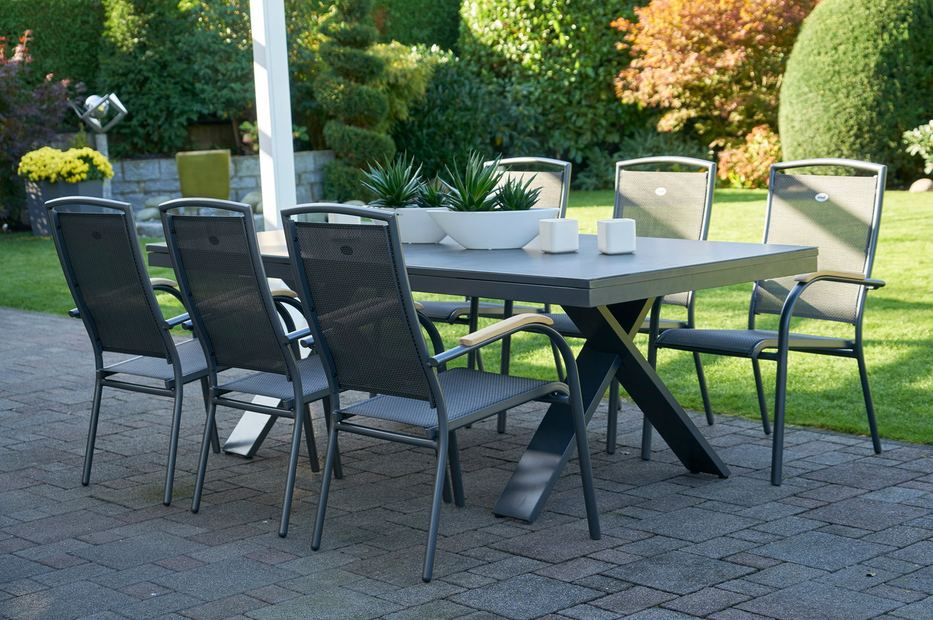 HARTMAN Modèle spécial Xanadu / Raffaelo Ensemble repas jardin, xerix/anthracite, Alu/Verre-céramique, 6 fauteuils empilables, 220/280x100cm 21096__1
