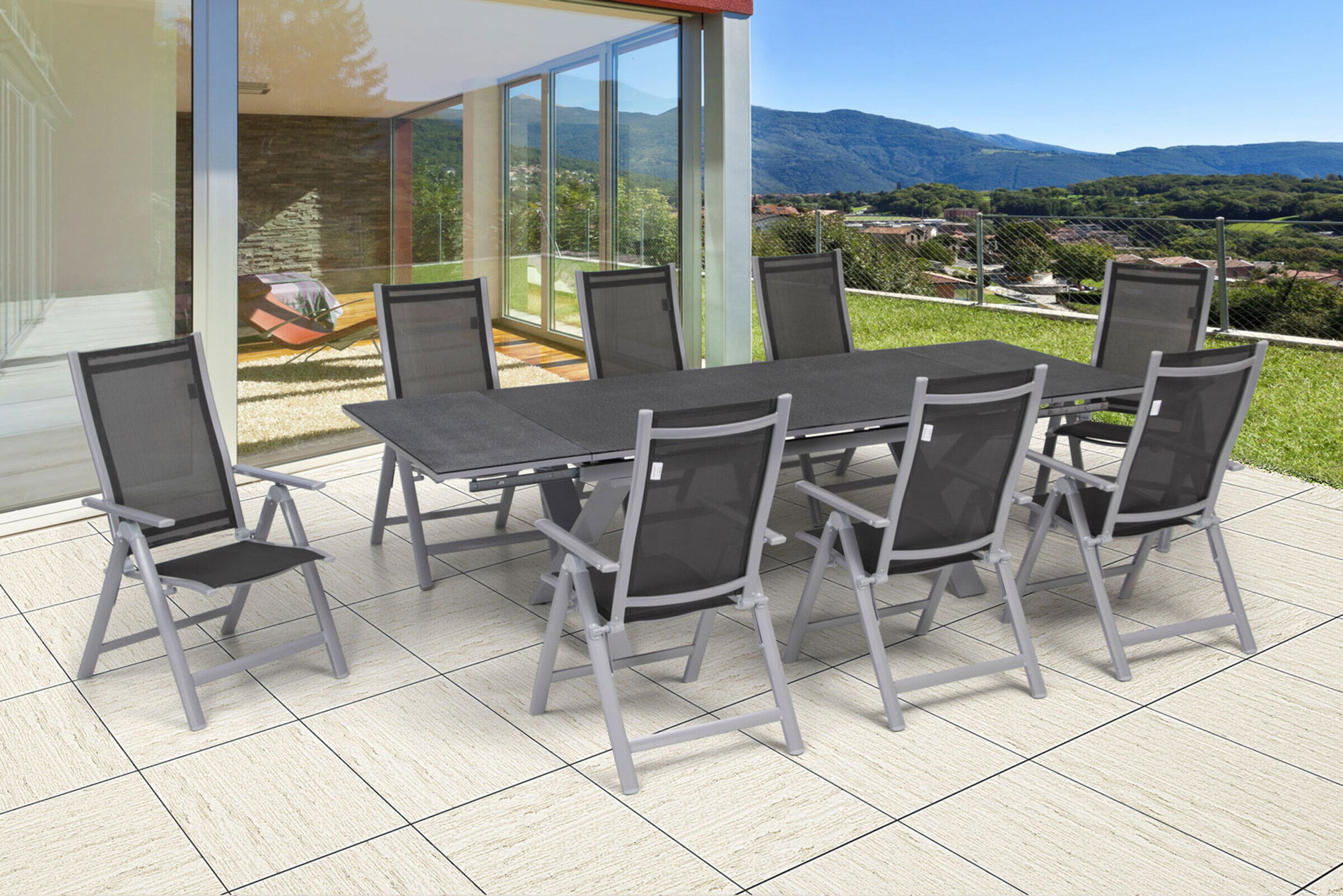 OUTFLEXX Ensemble repas de jardin, argent, Alu / Spraystone / Textile, Table 180/280x100cm, 8 Chaises pliantes 22212__1