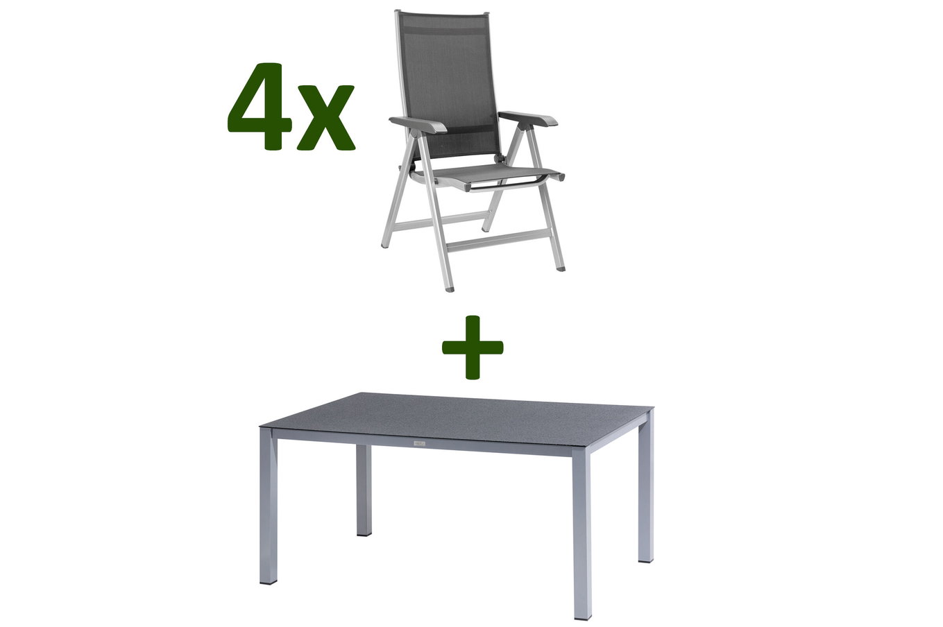 KETTLER BasicPlus Salon de jardin, argent/anthracite, Alu/Spraystone/Textile, 160 x 95 cm, 4 chaises pliantes 28316__1