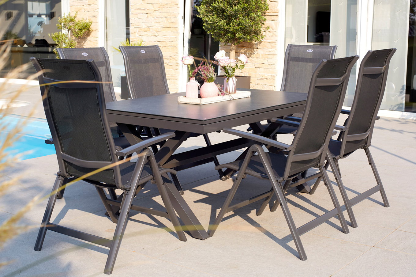 HARTMAN Xanadu / Alice Ensemble repas de jardin, xerix, Alu/Textilene/Vitrocéramique, 6 chaises pliantes, 160/220x100cm 23255__1