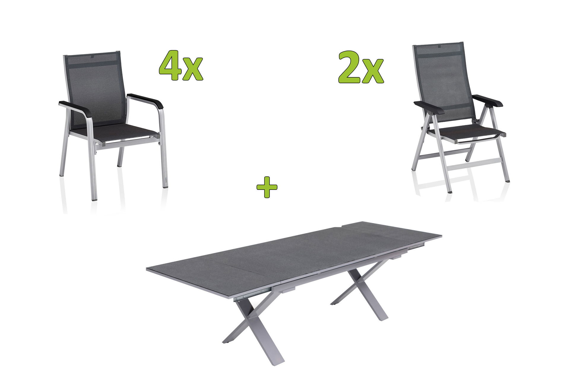 KETTLER BasicPlus Premium Ensemble table à manger de jardin, argent, Alu/Textilène, Table 180/280 cm, 4 fauteuils empilables, 2 fauteuils multipositions 31530__1