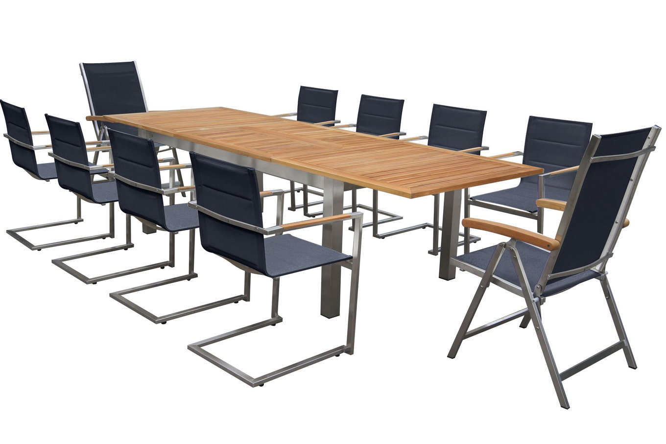 OUTFLEXX Ensemble repas de jardin, noir, 200/300 x 100 cm, acier inoxydable/teck, table extensible, 6 chaises rembourrées, 2 chaises pliantes, produit certifié FSC® 14157__1