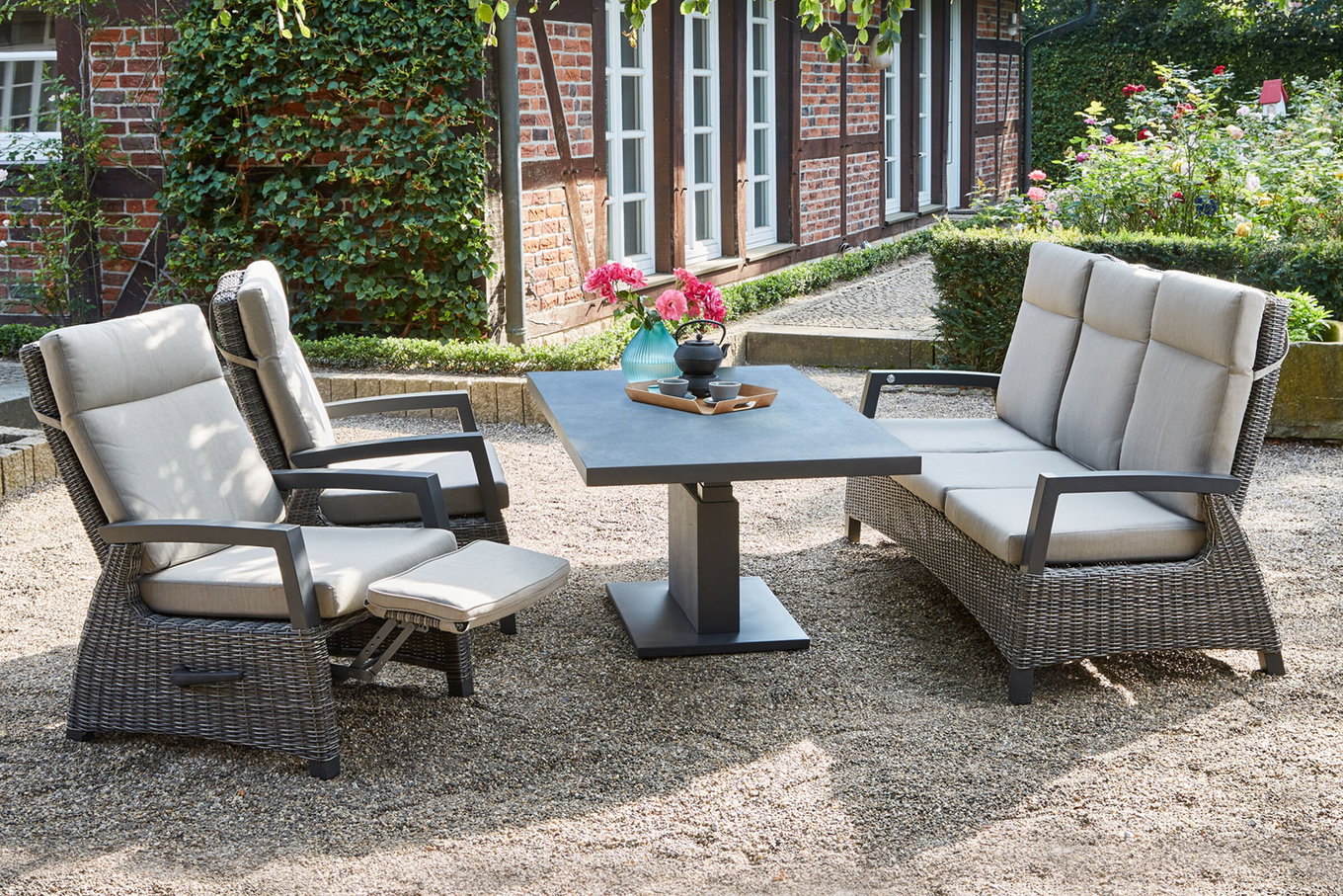 SIENA GARDEN Corido/Bellani Grau salon de jardin, charcoal/anthracite/gris, Alu/tressage Gardino®, table relevable 160x90cm, 1x canapé 3 places, 2x fauteuils relax 22118__1