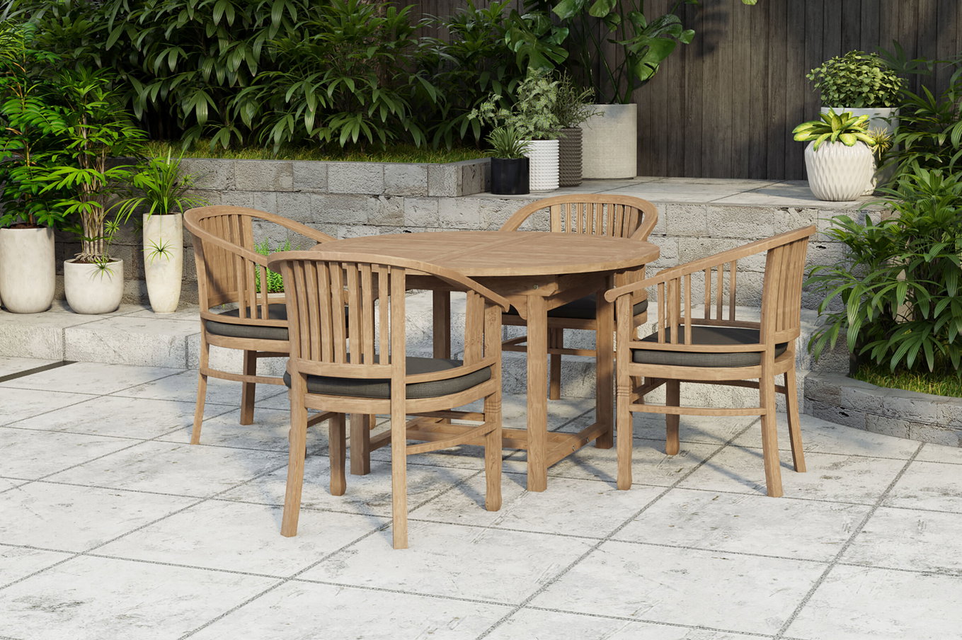 OUTFLEXX Dallas/Batavia Ensemble repas de jardin, naturel, Teck, 120/170x120 cm, 4x Fauteuil avec accoudoirs, coussin inclus 24350__1