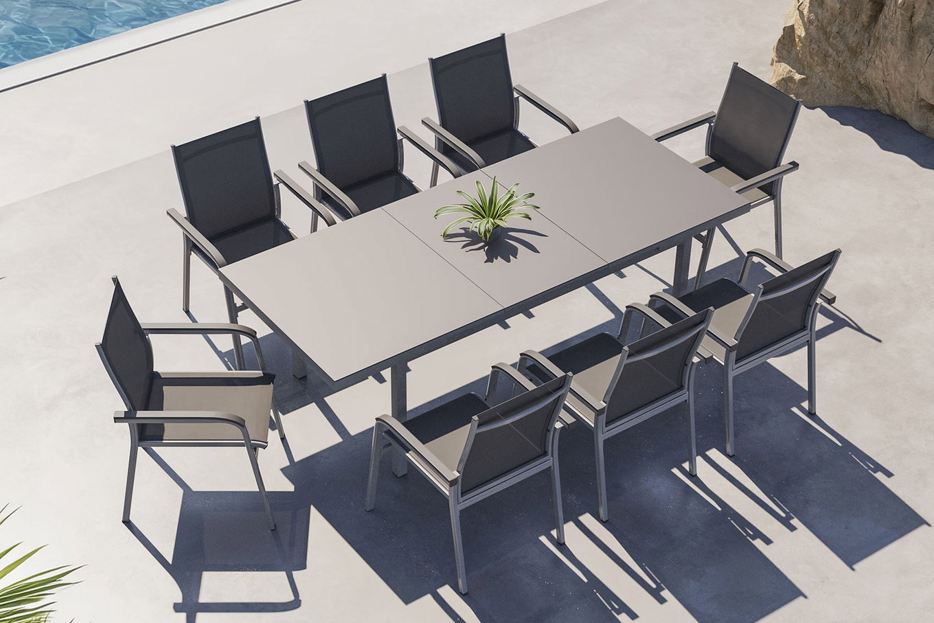 KETTLER BasicPlus Ensemble repas de jardin, argenté, Alu/Textilène, Table 180/240x100cm, 8 fauteuils empilables 19310__1