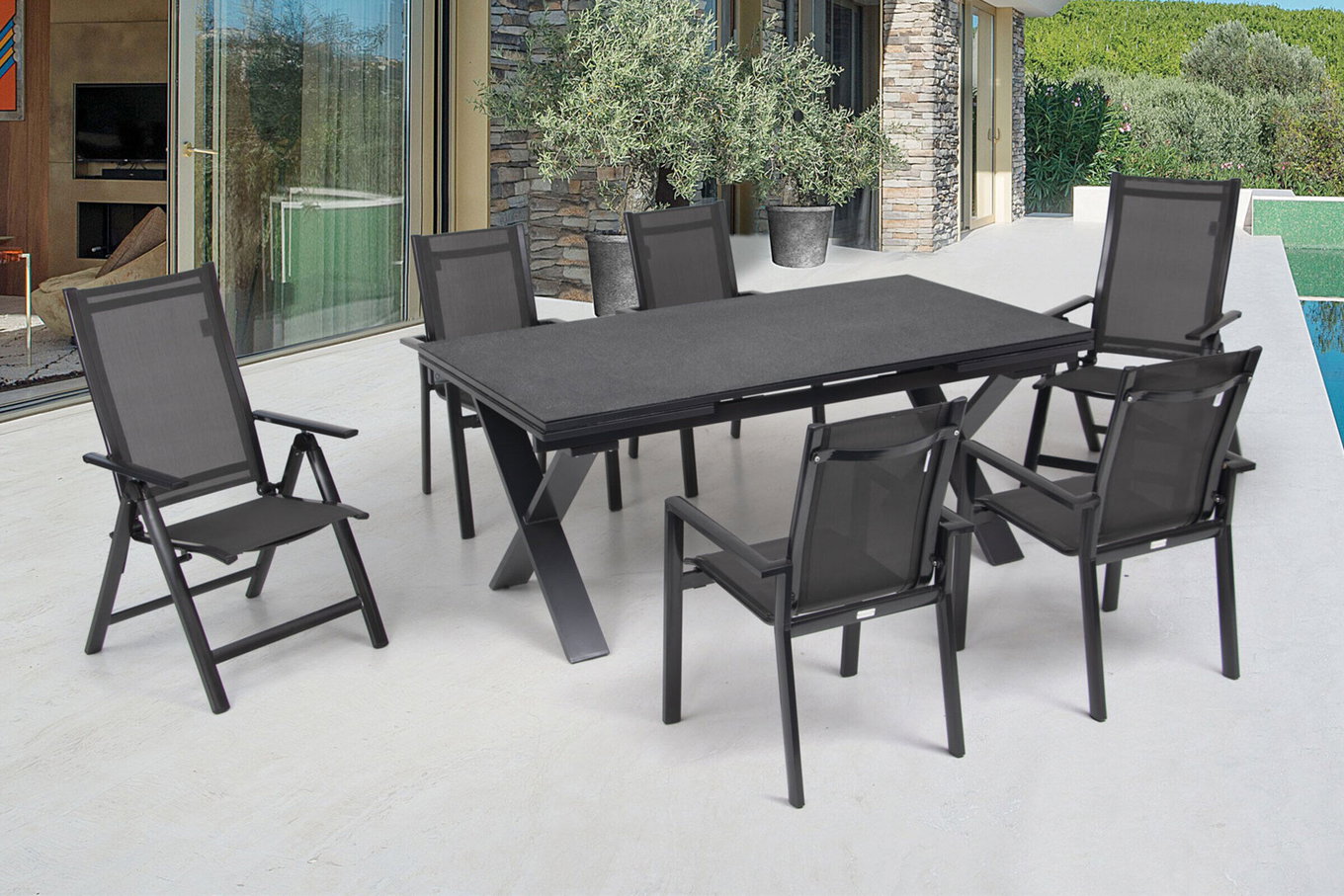 OUTFLEXX Groupe de repas de jardin, anthracite, Alu / Céramique / Textile, 180/280x100cm, 2 chaises pliantes, 4 fauteuils empilables 22235__1