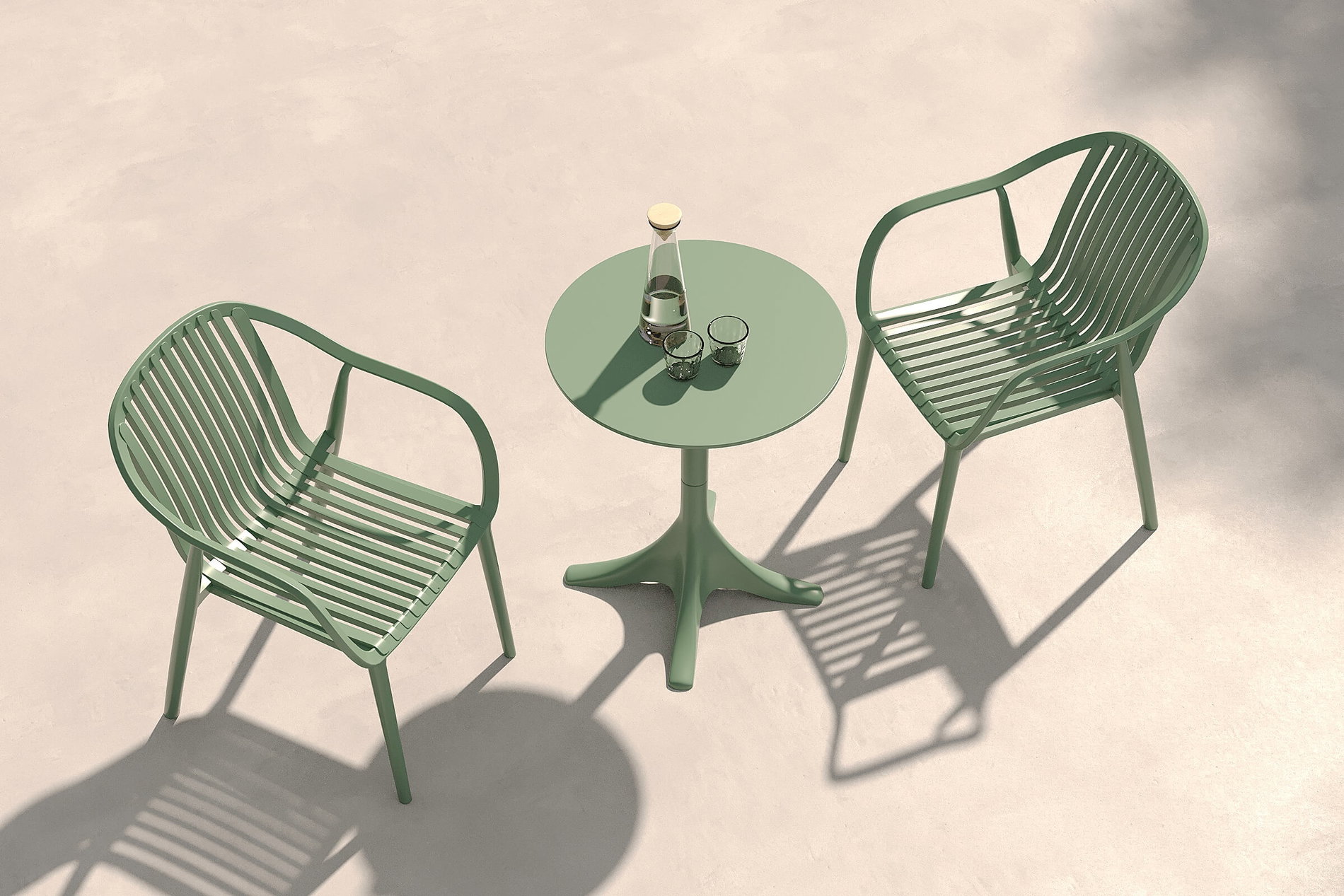 Ensemble de balcon VILLANA Pico Curve, vert pistache, plastique, table ø70 cm et 2 fauteuils empilables 56 x 59 x 83 cm, résistant aux UV et aux intempéries