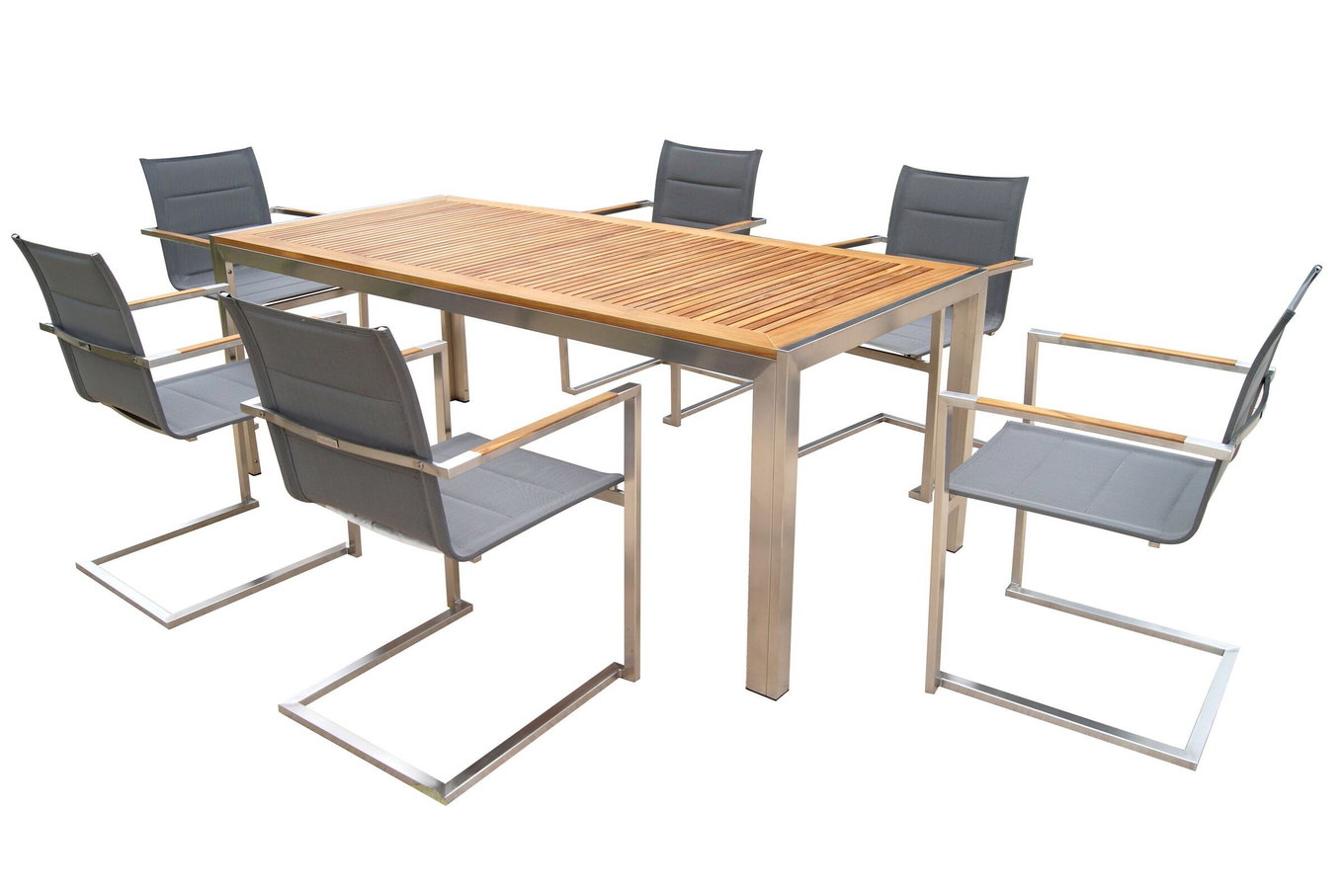 OUTFLEXX Ensemble salle à manger de jardin, argent, acier inoxydable/teck, table à manger 200 x 90 cm, 6 chaises empilables rembourrées 14203__1