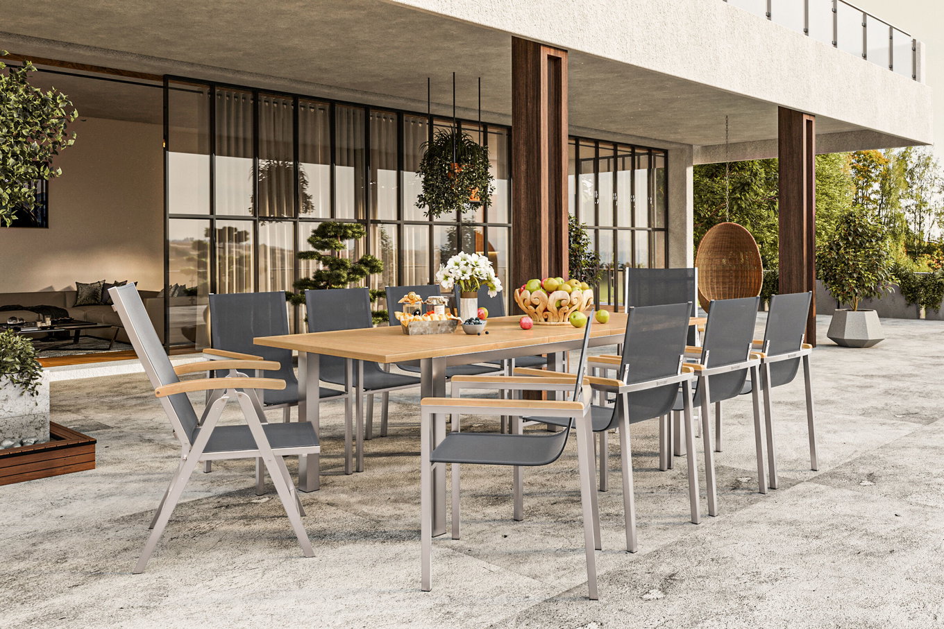 OUTFLEXX Ensemble de salle à manger de jardin, noir, 200/300 x 100 cm, acier inoxydable/teck, table à rallonge, 8 chaises empilables, 2 chaises pliantes, produit certifié FSC® 14153__1