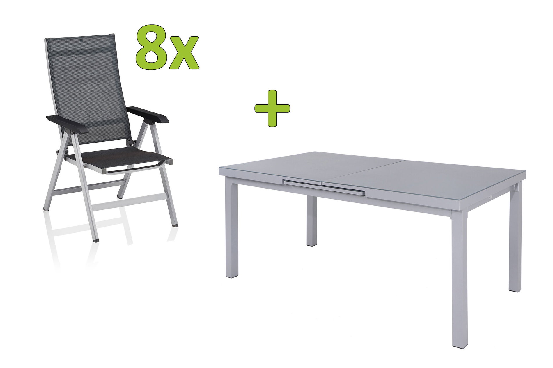 KETTLER BasicPlus Premium Ensemble à manger de jardin, argent, Alu/Textilène, Table 180/240 cm, 8 Chaises pliantes 31513__1
