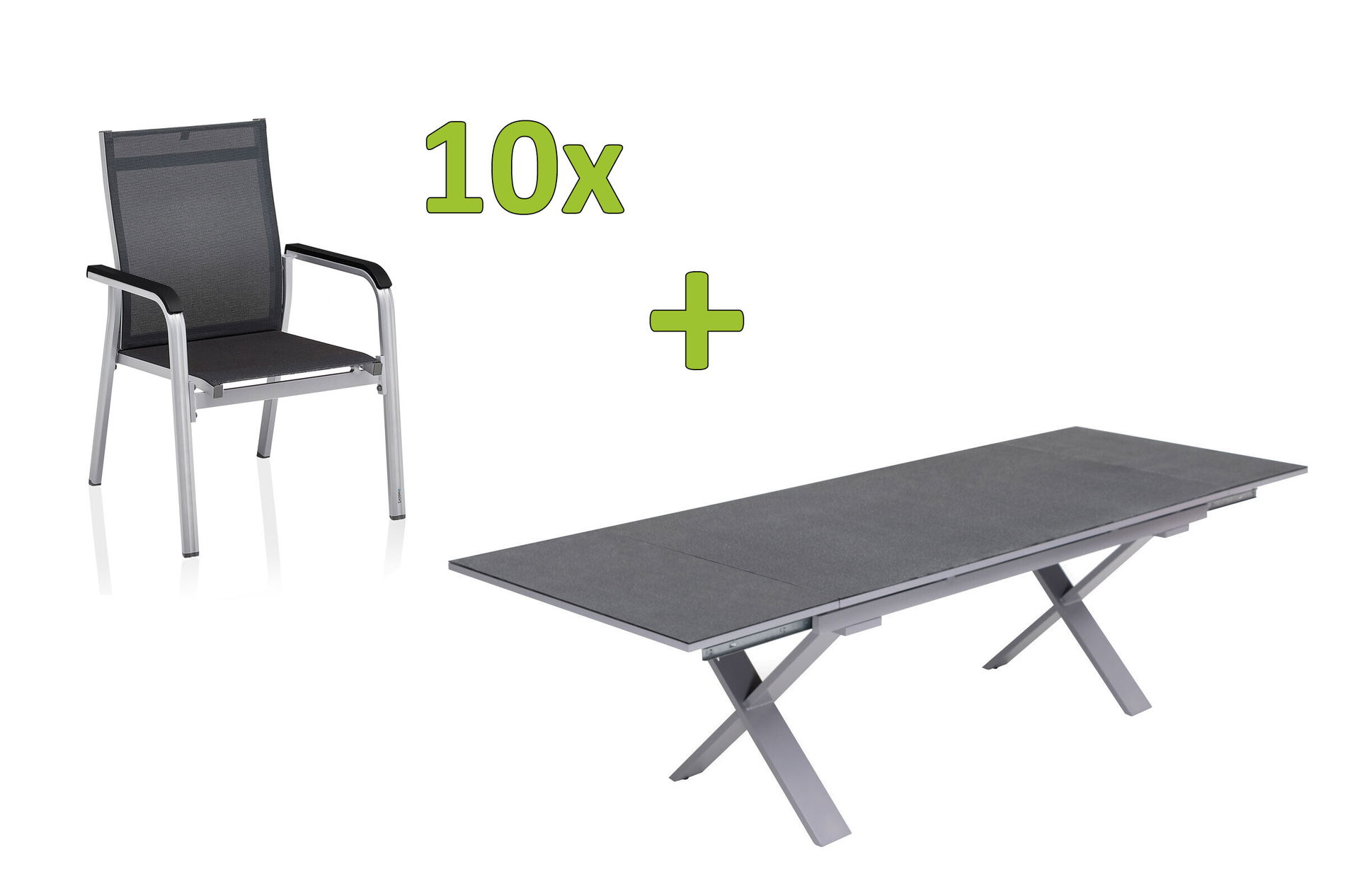 KETTLER BasicPlus Premium Ensemble repas de jardin, argent, Alu/Textilène, Table 180/280 cm, 10 Fauteuils empilables 31529__1