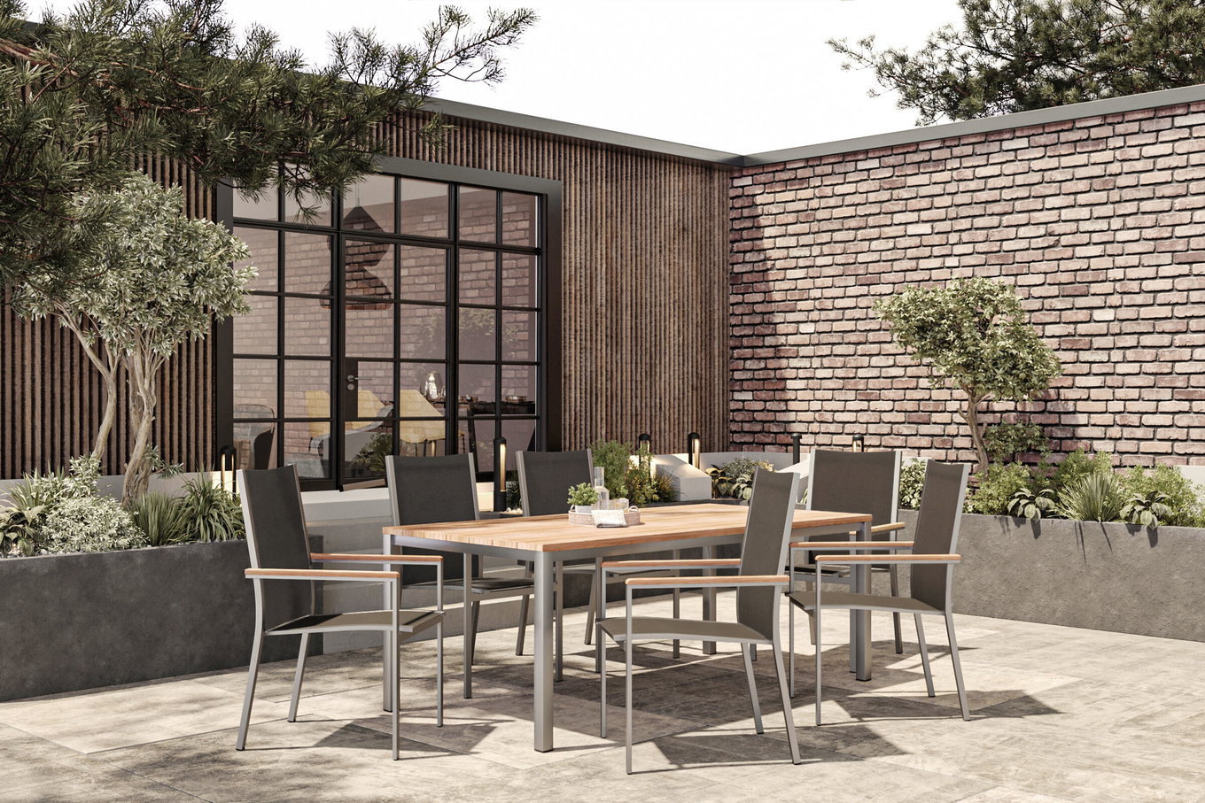 STERN Cardiff Ensemble à manger de jardin, argent/taupe, Acier inoxydable/Teck, Table 200 x 100 cm, 6 Fauteuils empilables 19724__1