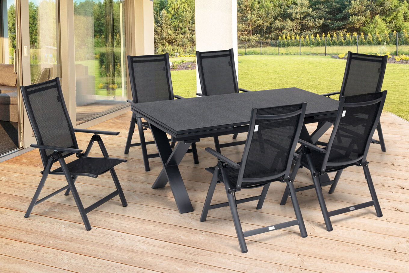 OUTFLEXX Salon de jardin, OUTFLEXX® anthracite mat, Alu / Spraystone / Textilene, Table 180/280x100cm, 6 chaises pliantes 22133__1