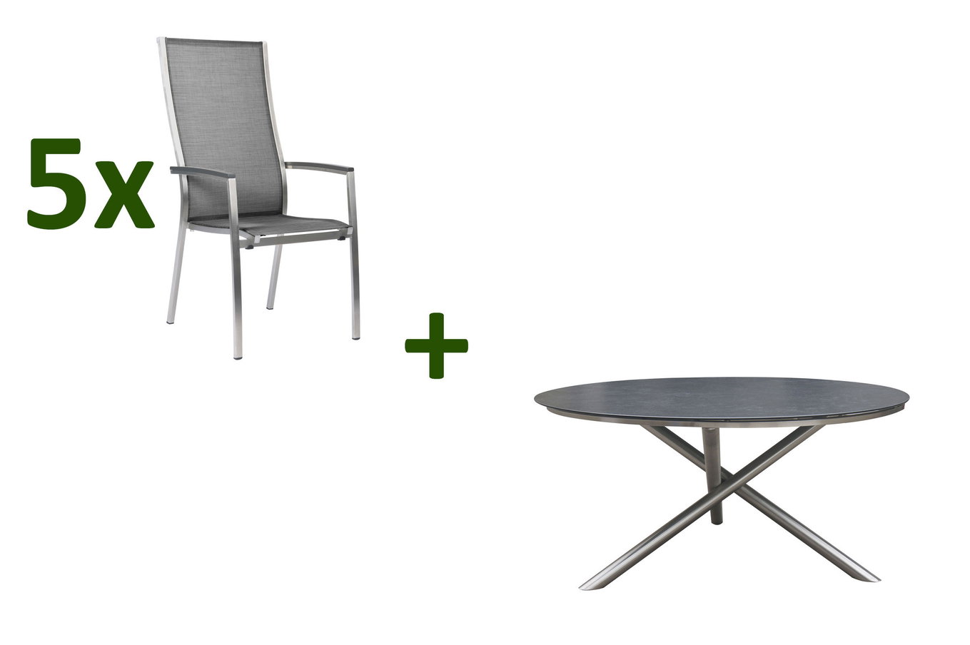 STERN Groupe repas de jardin, argenté/gris, Acier inoxydable/Textile/Alu/Vitrocéramique, Table Ø150cm, 5 personnes 24428__1