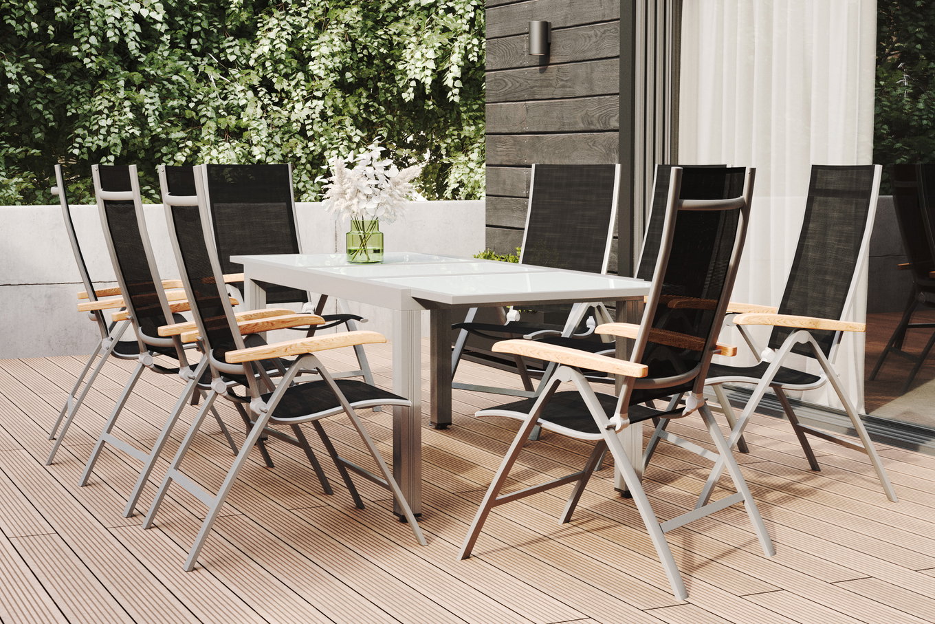 Salon de jardin VILLANA, blanc/argent, Aluminium/Verre de sécurité, Table extensible 160/220 x 90 cm, 8 chaises pliantes, Produit certifié FSC® 34571__1