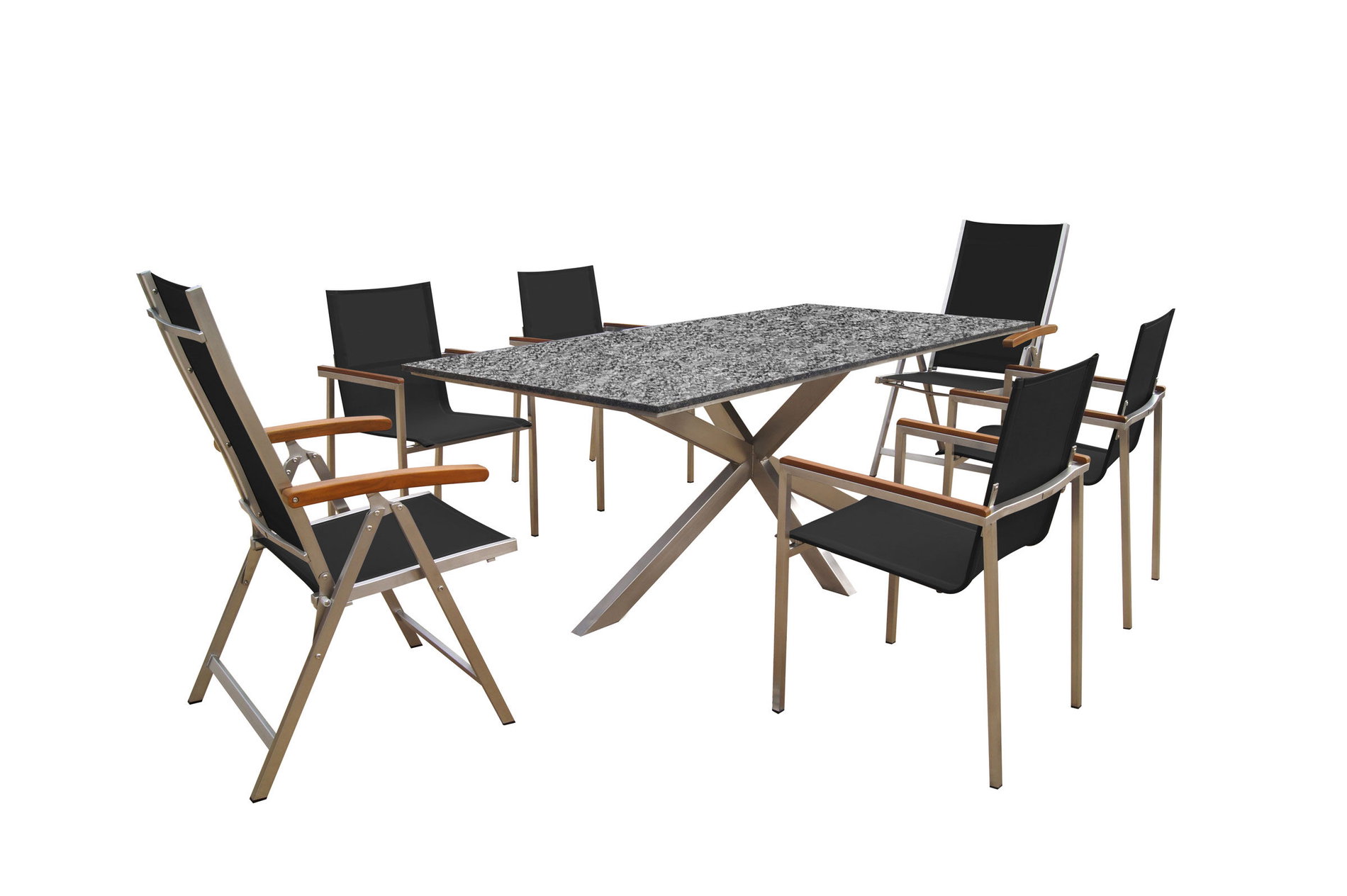 OUTFLEXX Garten-Essgruppe, silber/schwarz, Edelstahl/Granit/Textil, 200x100 cm, 4 Gartensessel, 2 Klappstühle, Armlehnen aus Teak OUTFLEXX Garten-Essgruppe, silber/schwarz, Edelstahl/Granit/Textil, 200x100 cm, 4 Gartensessel, 2 Klappstühle, Armlehnen aus Teak
