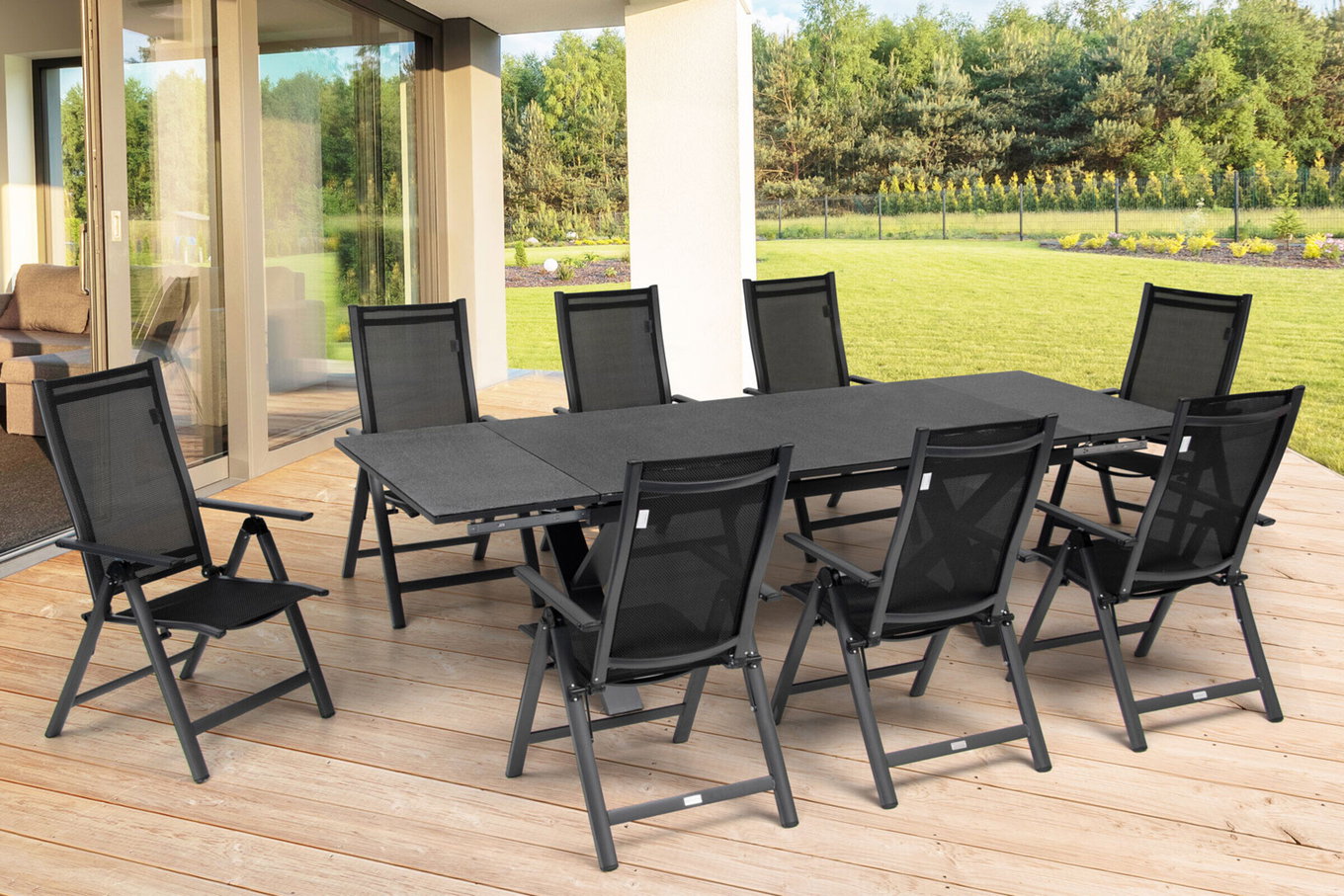 OUTFLEXX Ensemble de repas de jardin, OUTFLEXX® anthracite mat, Alu / Spraystone / Textile, Table 180/280x100cm, 8 Chaises pliantes 22134__1