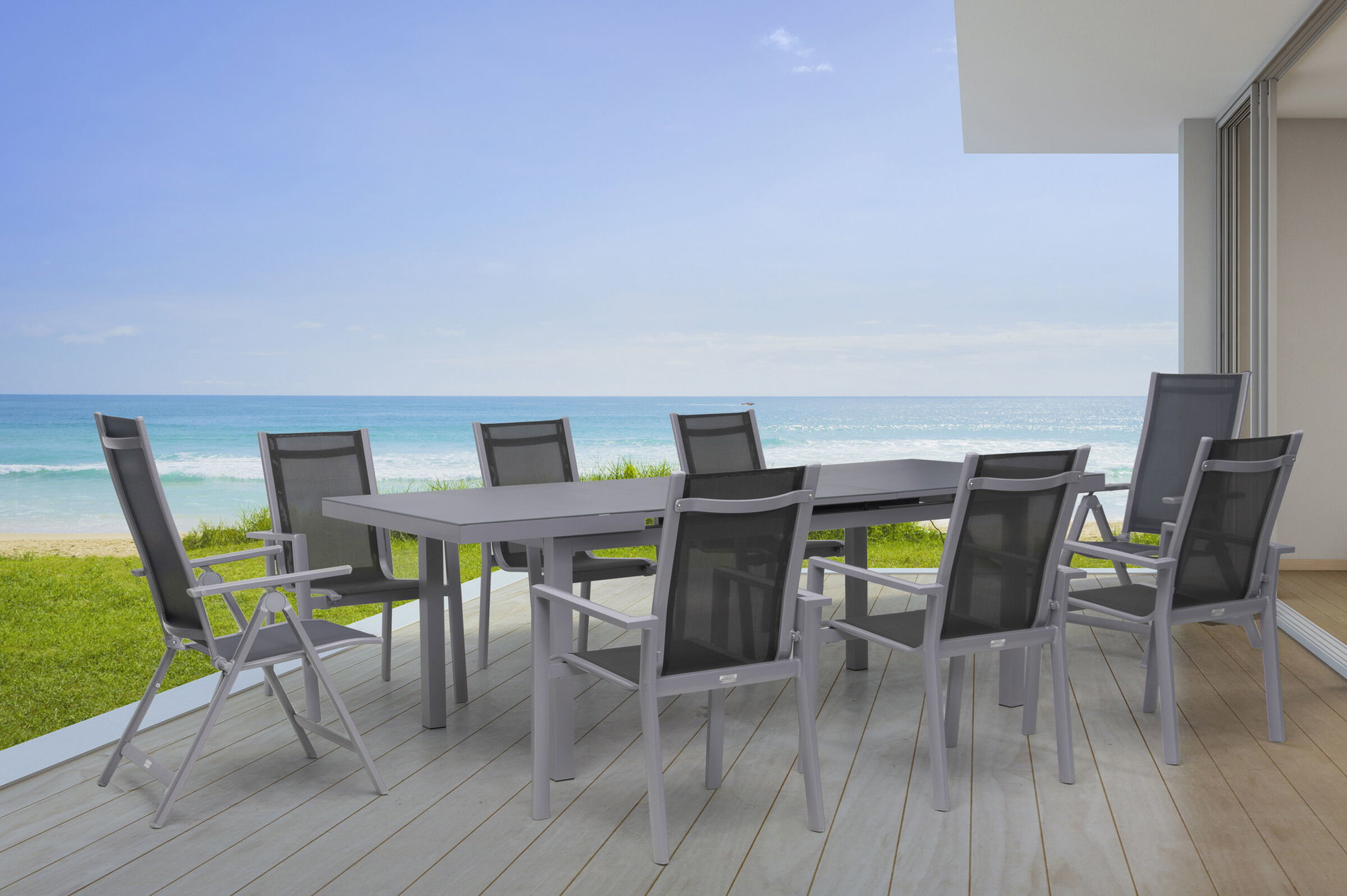 Ensemble repas de jardin Premium OUTFLEXX, argent/gris, alu/textilène, table extensible 180/240 x 100 cm, 6 fauteuils empilables, 2 chaises pliantes 21436__1