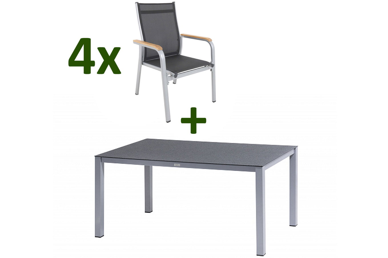 KETTLER Granada Ensemble repas de jardin, argent/anthracite, Alu/Spraystone/Textile, 160x95 cm, 4 fauteuils empilables 28328__1