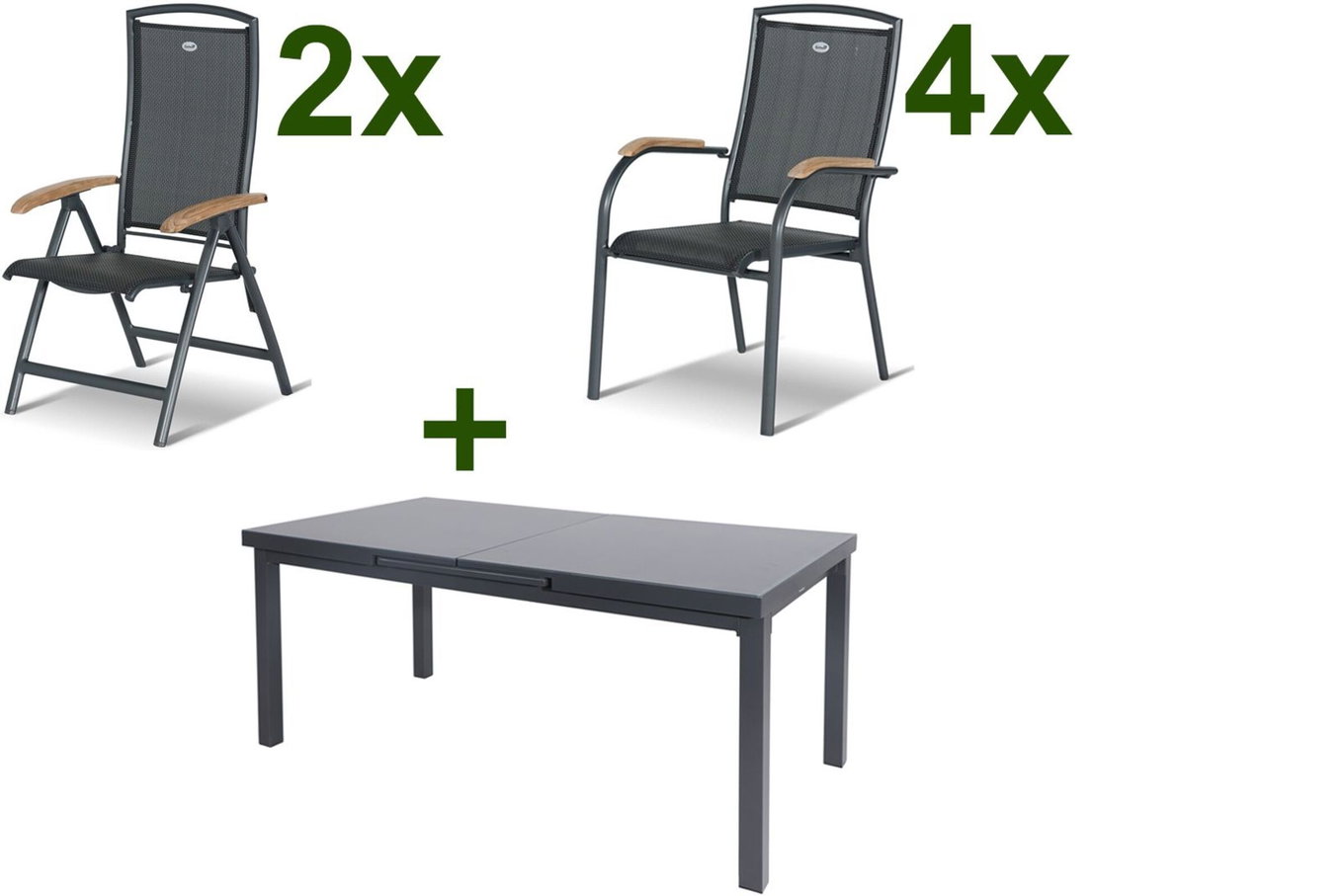 HARTMAN Raffaelo Salon de jardin, xerix, Alu/Textilène, Table 180/240x100cm, 4 fauteuils empilables, 2 chaises pliantes 19353__1