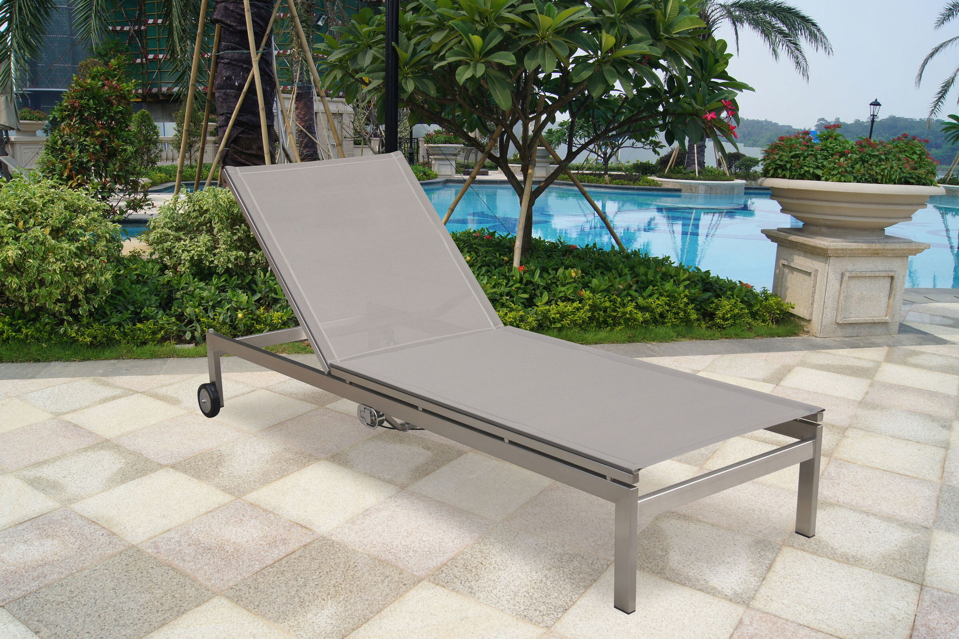 OUTFLEXX Bain de soleil à roulettes, taupe, acier inoxydable/textilène, dossier réglable, 212x71x36cm