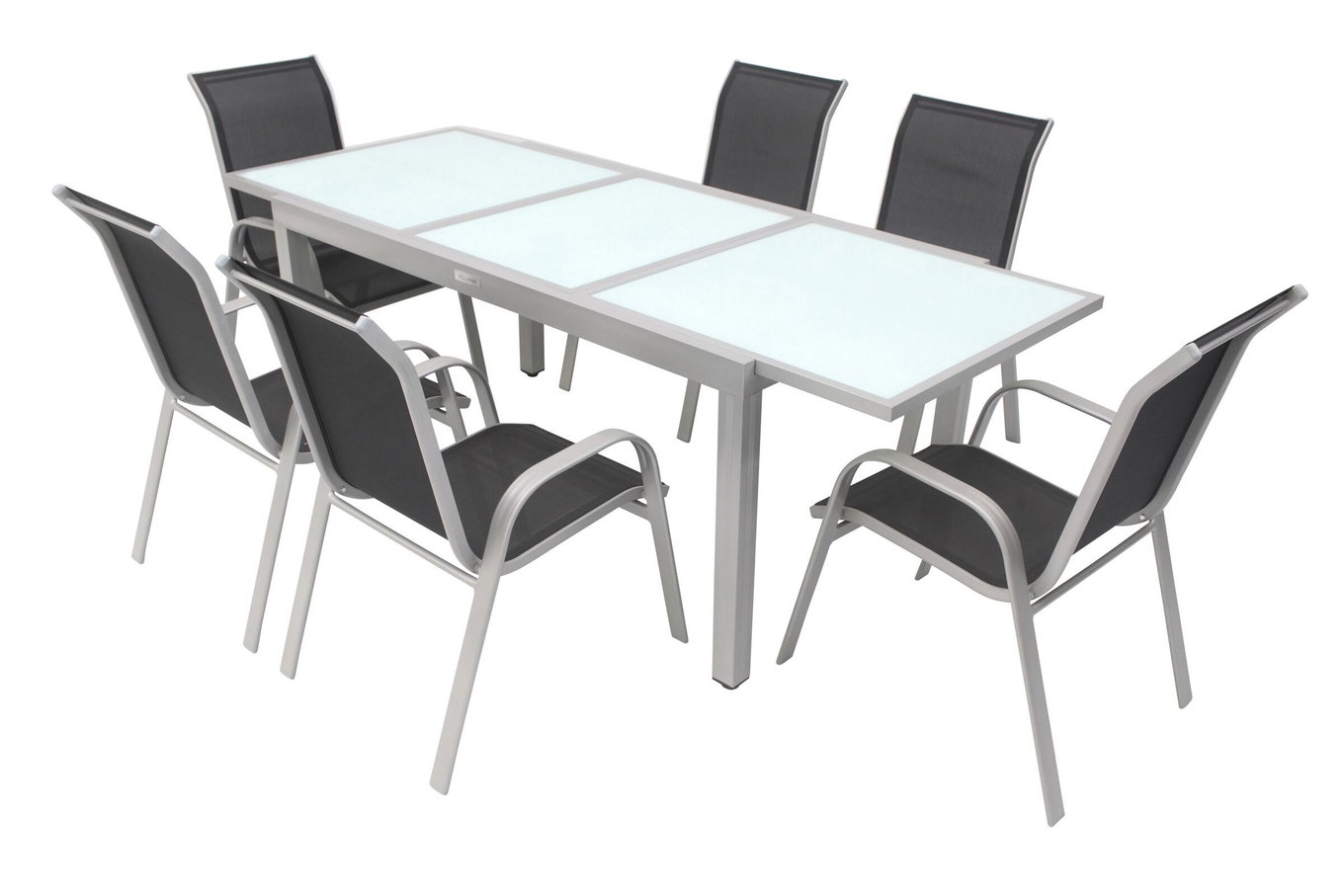 VILLANA Ensemble repas de jardin, argent/noir, Alu/Textile, Table extensible 160/220 cm, 6 chaises empilables 13870__1