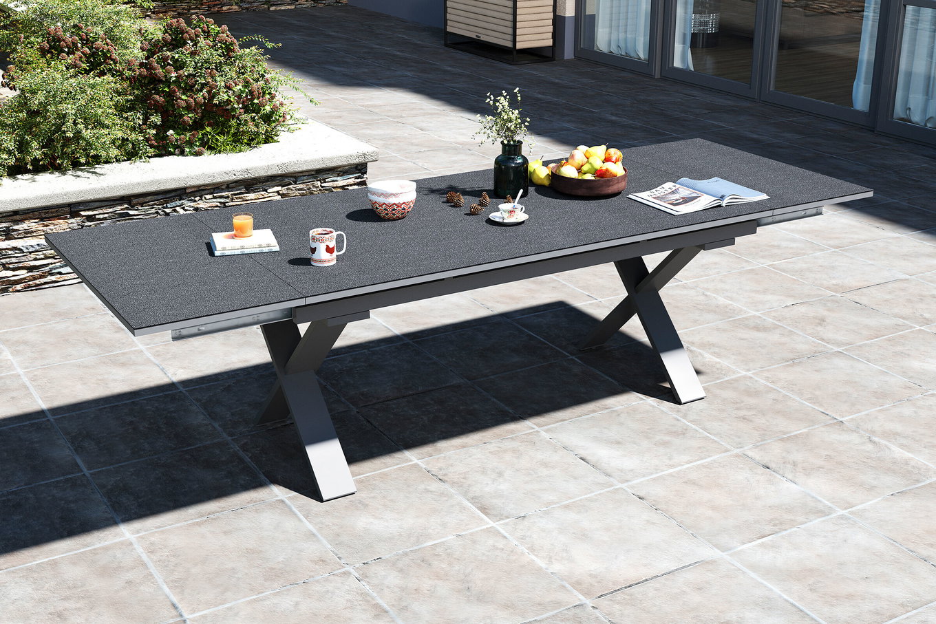 OUTFLEXX Toronto Table extensible, argenté, alu/Spraystone, 180/280x100cm, extension à tiroir 21749__1