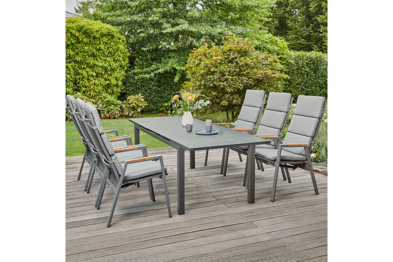 SIENA GARDEN Savona/Miros Ensemble repas de jardin, graphite mat/gris, Alu/Teck/Spraystone/Texfabric, Table 180/240x90 cm, 6 fauteuils empilables 22053__1