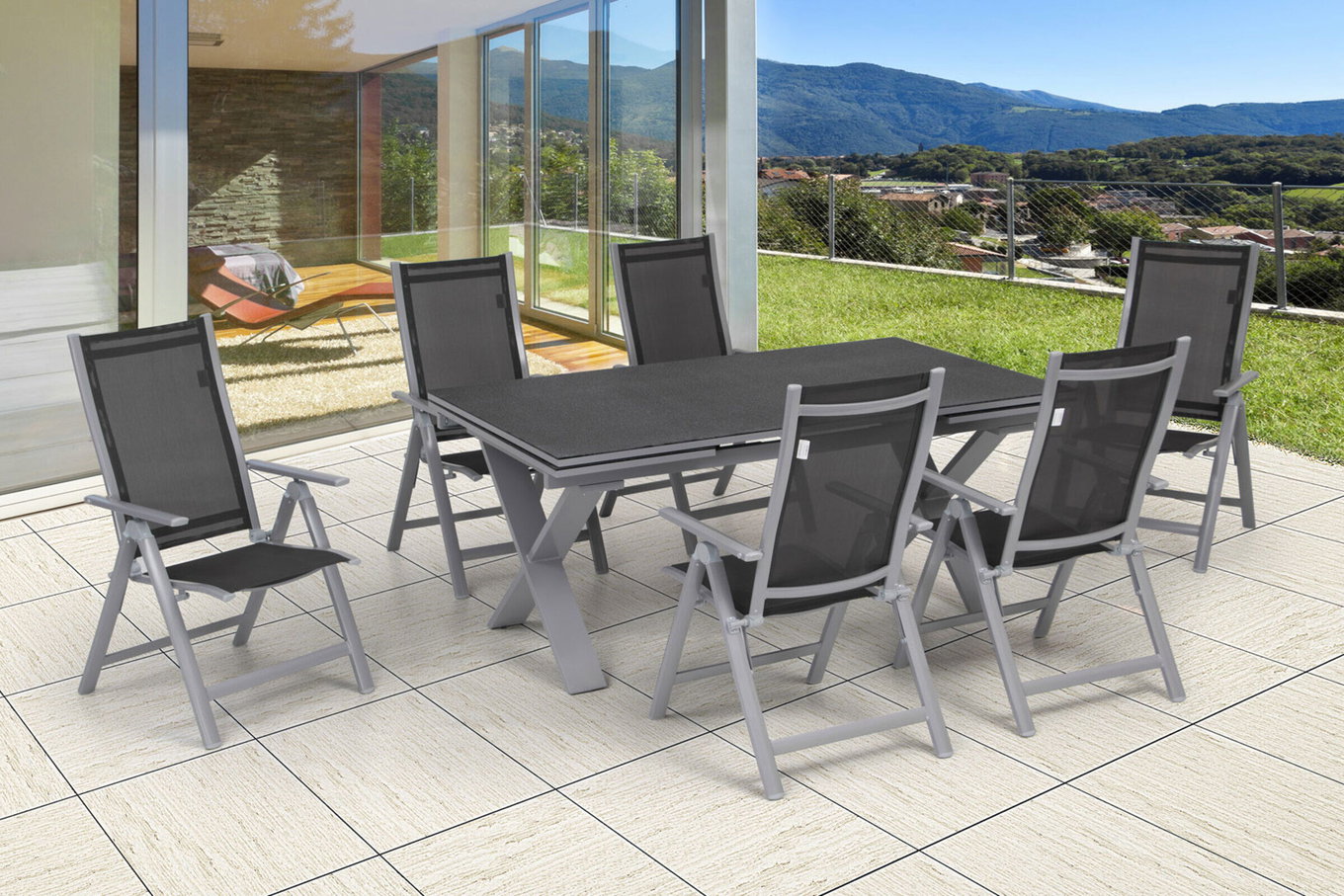 OUTFLEXX Groupe repas de jardin, argent, Alu / Spraystone / Textilène, table 180/280x100cm, 6 chaises pliantes 22211__1