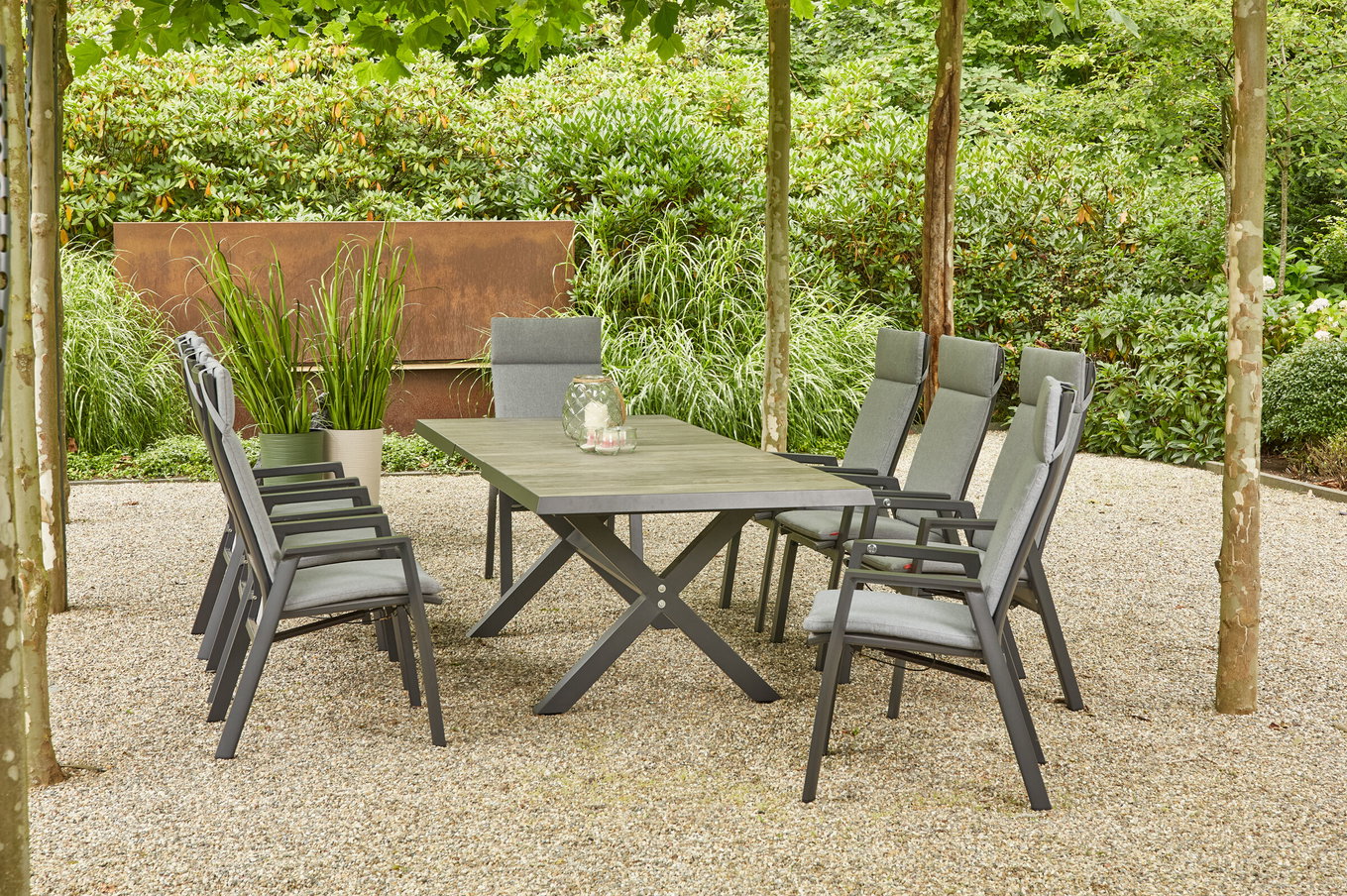 SIENA GARDEN Sincro/Valencia Salon de jardin salle à manger, anthracite/gris, Alu/tissu textile/céramique, 200/260 x 100 cm, incl. 8 fauteuils de salle à manger, réglable en continu 23853__1
