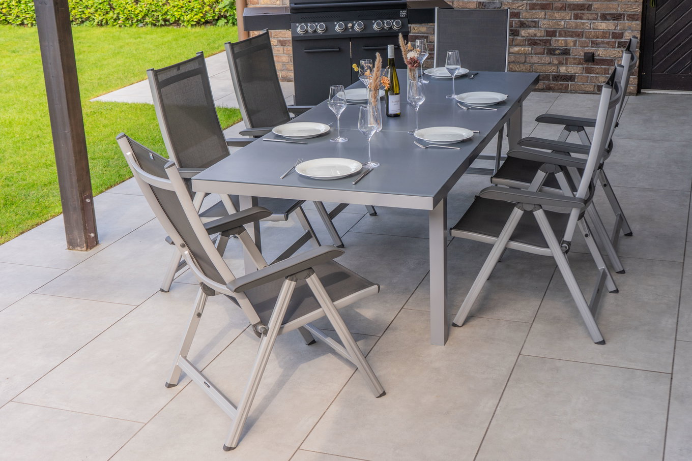 KETTLER BasicPlus Ensemble repas de jardin, argenté, Alu/Textilène, Table 180/240x100cm, 6 chaises pliantes 19307__1