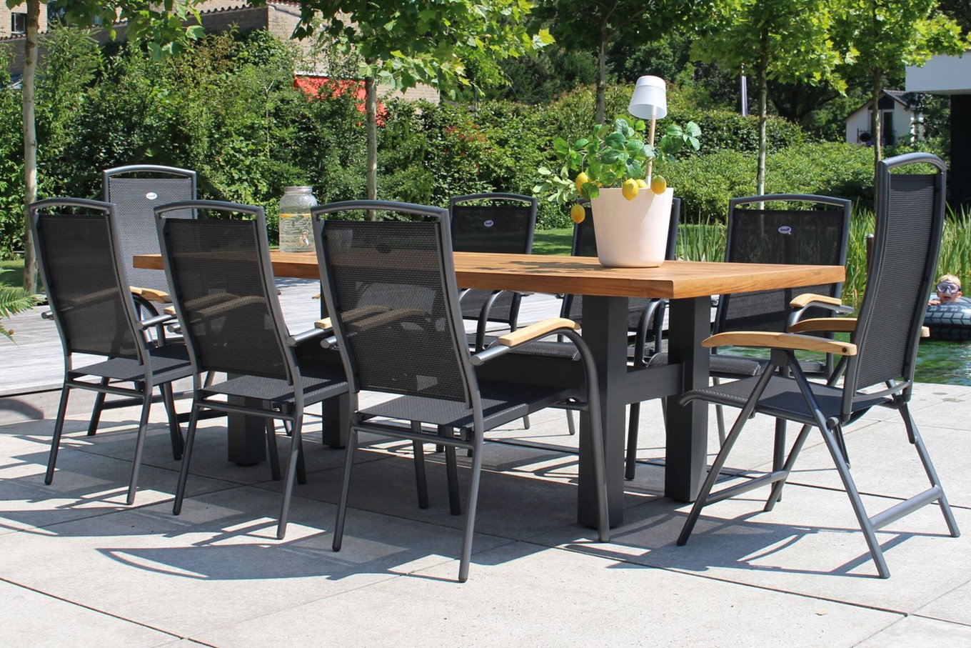 HARTMAN Modèle spécial Yasmani/Raffaelo Ensemble repas de jardin, xerix, Alu/Teck, 240x100cm, 6 fauteuils empilables, 2 chaises pliantes 19040__1