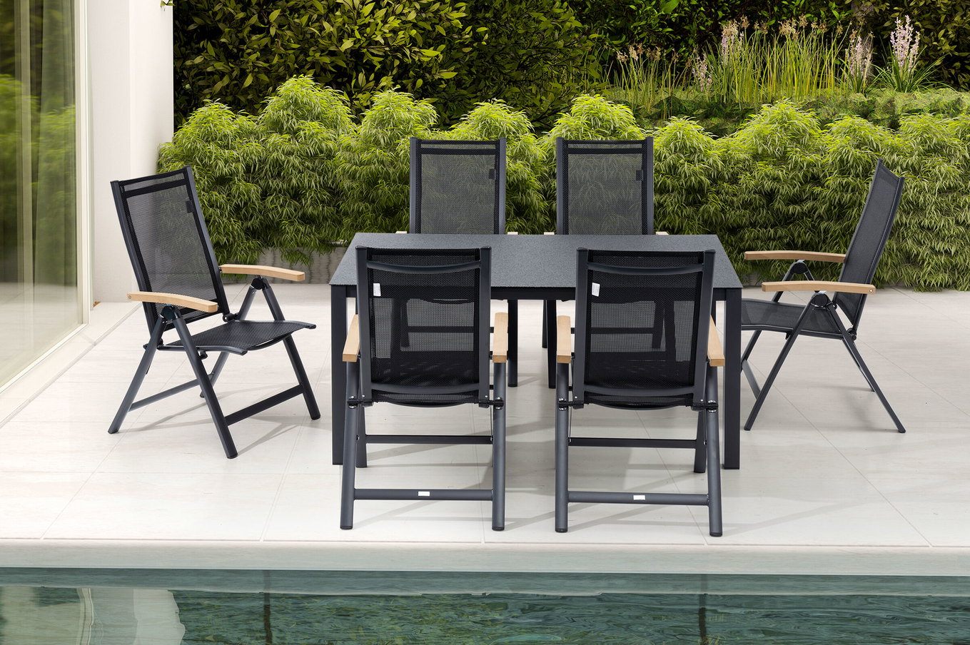 OUTFLEXX Ensemble repas de jardin, anthracite mat/gris/noir, Alu/Spraystone/Textilène, 160 x 95 cm, 6 chaises pliantes 28191__1
