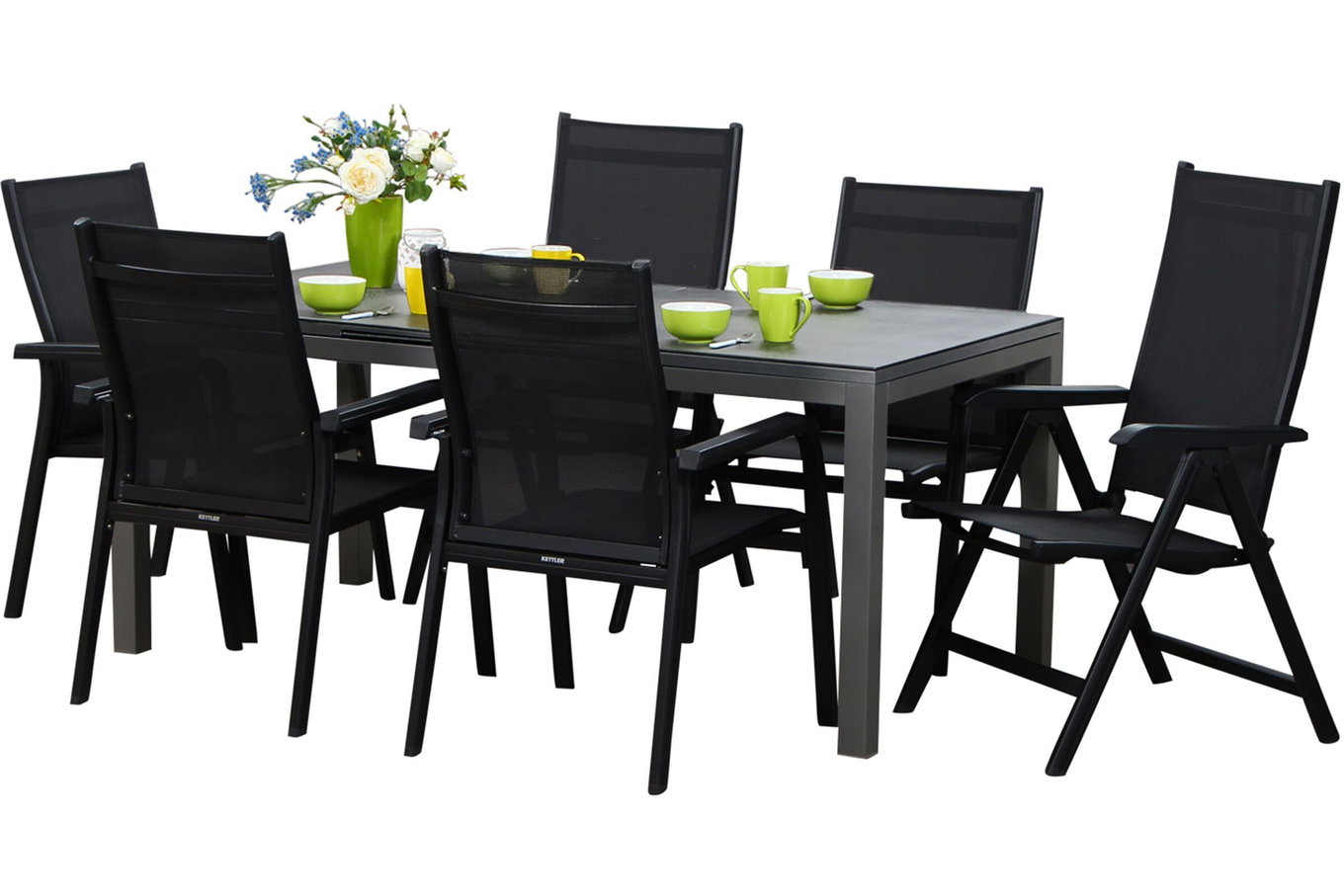 KETTLER Basic Plus Ensemble repas de jardin, anthracite/anthracite, Alu/Textilène, 180/240x90cm, 4 empilables, 2 chaises pliantes 17231__1