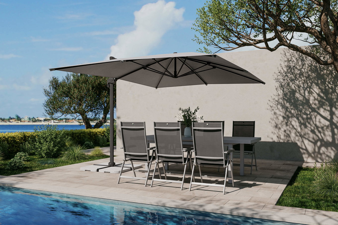 Salon de jardin OUTFLEXX Almeria ensemble repas incl. parasol déporté, anthracite/argenté, alu/textilène/textilène, 180/240 x 100 cm, extensible, pliable, résistant aux UV 80569__1