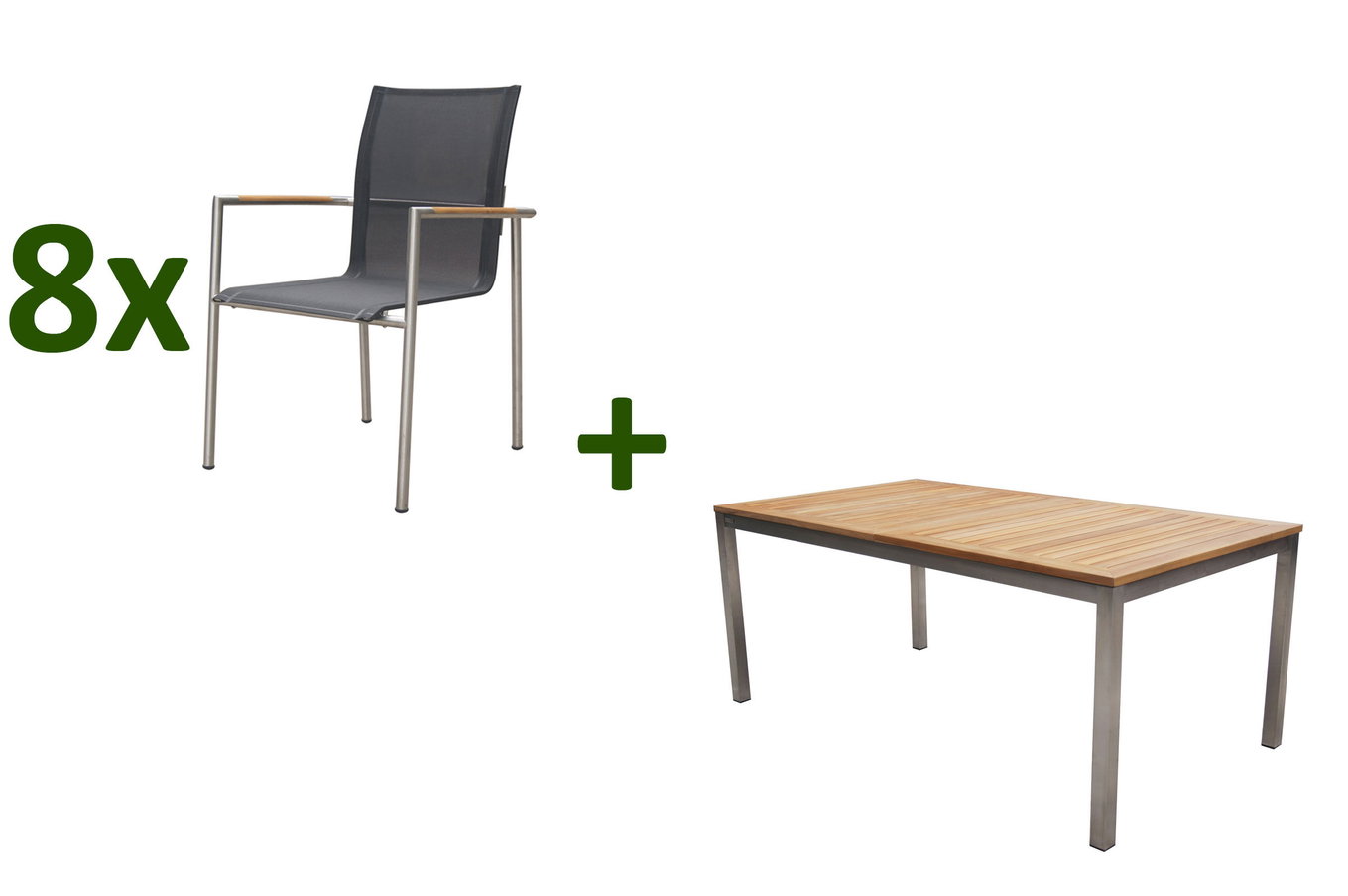 OUTFLEXX Ensemble repas de jardin, naturel/anthracite, acier inoxydable/Textilène/bois de teck, table extensible 180/240x100cm, 8 fauteuils de salle à manger, produit certifié FSC® 24072__1