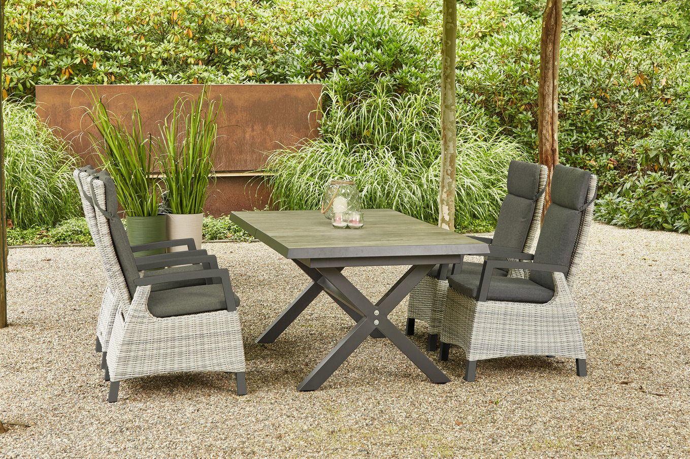 SIENA GARDEN Sincro/Corido Ensemble repas de jardin, anthracite/gris, Alu/Tressé/Céramique, 200/260 x 100 cm, incl. 4 fauteuils de salle à manger 23849__1