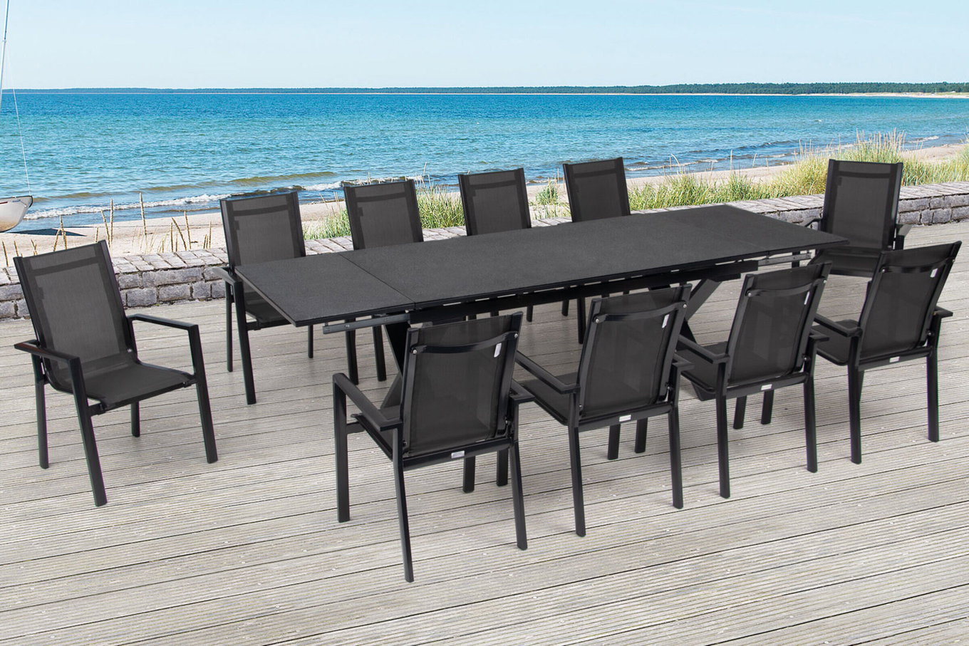 OUTFLEXX Groupe repas de jardin, anthracite, alu / céramique / textile, 180/280x100cm, 10 fauteuils empilables 22234__1