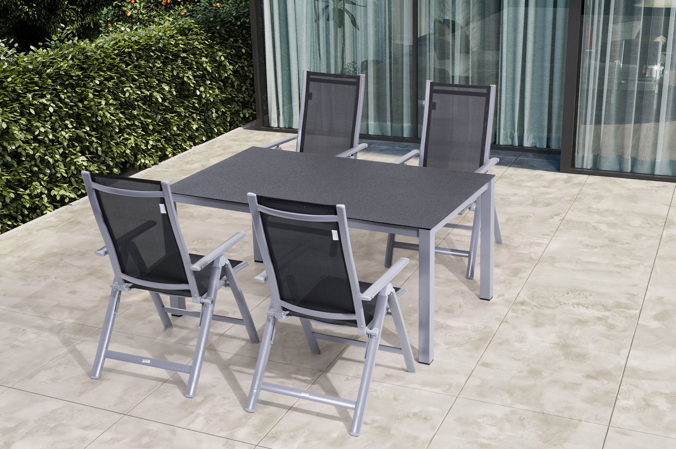 OUTFLEXX Ensemble repas de jardin, argent/anthracite, Alu/Spraystone/Textilène, 160x95 cm, 4 chaises pliantes 28170__1