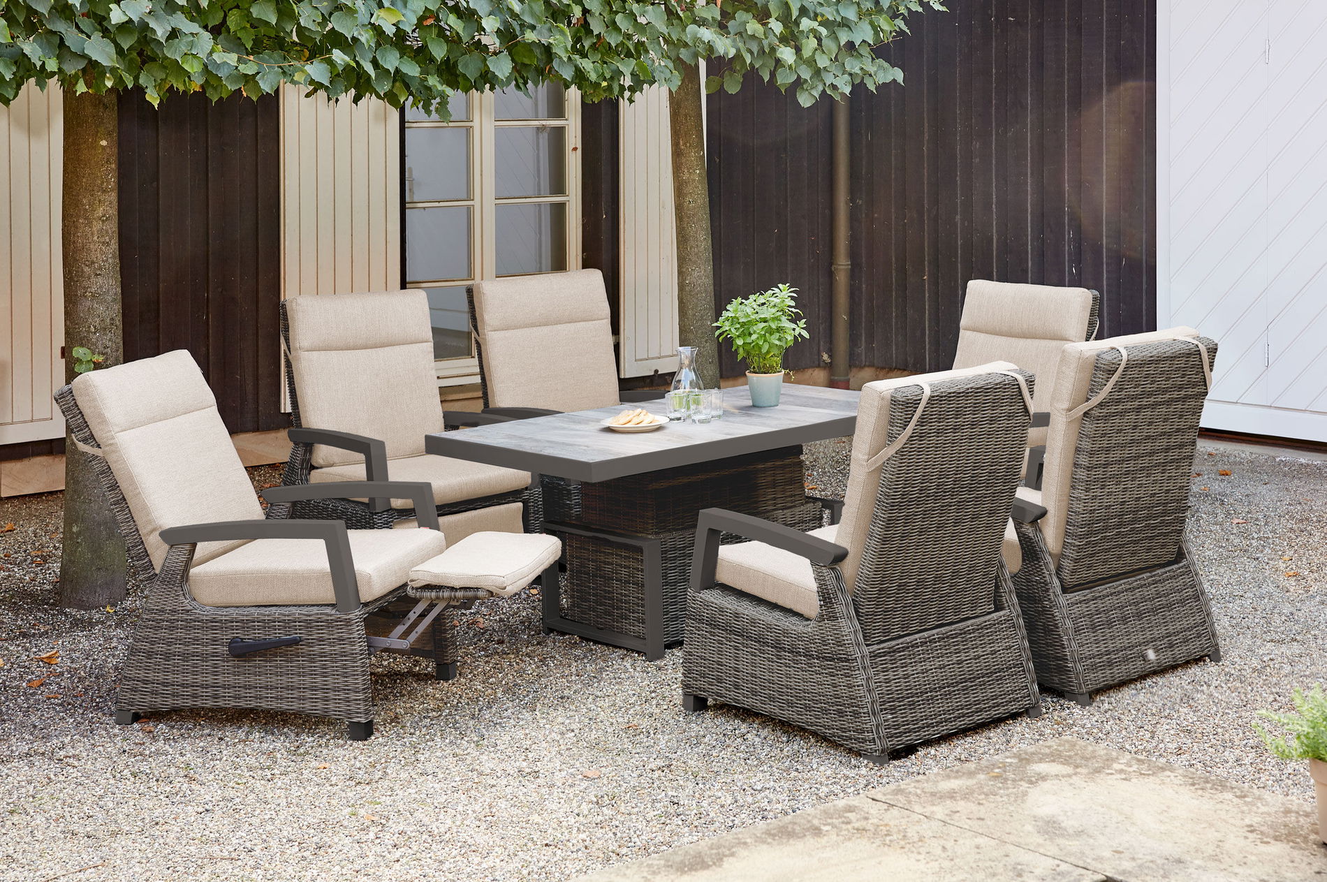 SIENA GARDEN Corido Ensemble Repas de Jardin, charcoal, Alu / Tressage Gardino®, 6 Fauteuils de Relaxation, Table Relevable Réglable en Continu 160x90x47-71cm