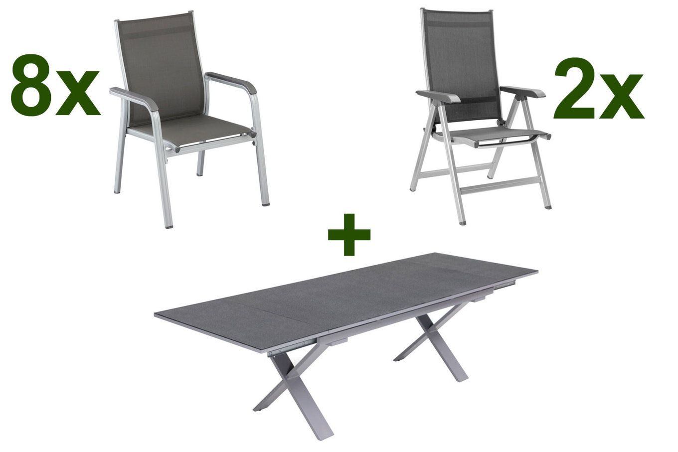 Salon de jardin KETTLER BasicPlus, argenté / anthracite, alu / Spraystone / textile, table 180/280 x 100 cm, 8 fauteuils empilables, 2 chaises pliantes 23015__1