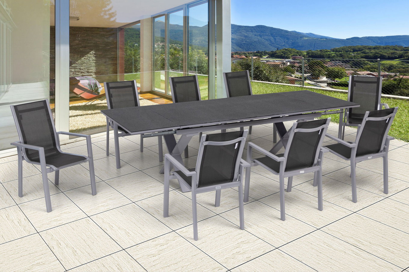 OUTFLEXX Salon de jardin repas, argent, alu / céramique / textile, table 180/280x100cm, 8 fauteuils empilables 22215__1