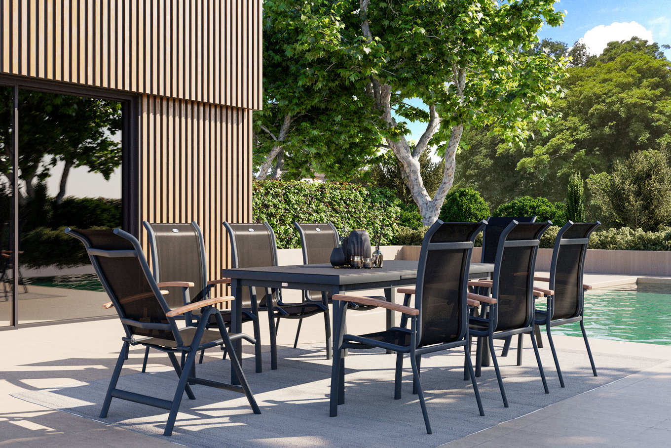 HARTMAN Alice Ensemble repas de jardin, xerix, Alu/Textilène 4x4, Table 180/240x100cm, 6 fauteuils empilables, 2 chaises pliantes 19330__1