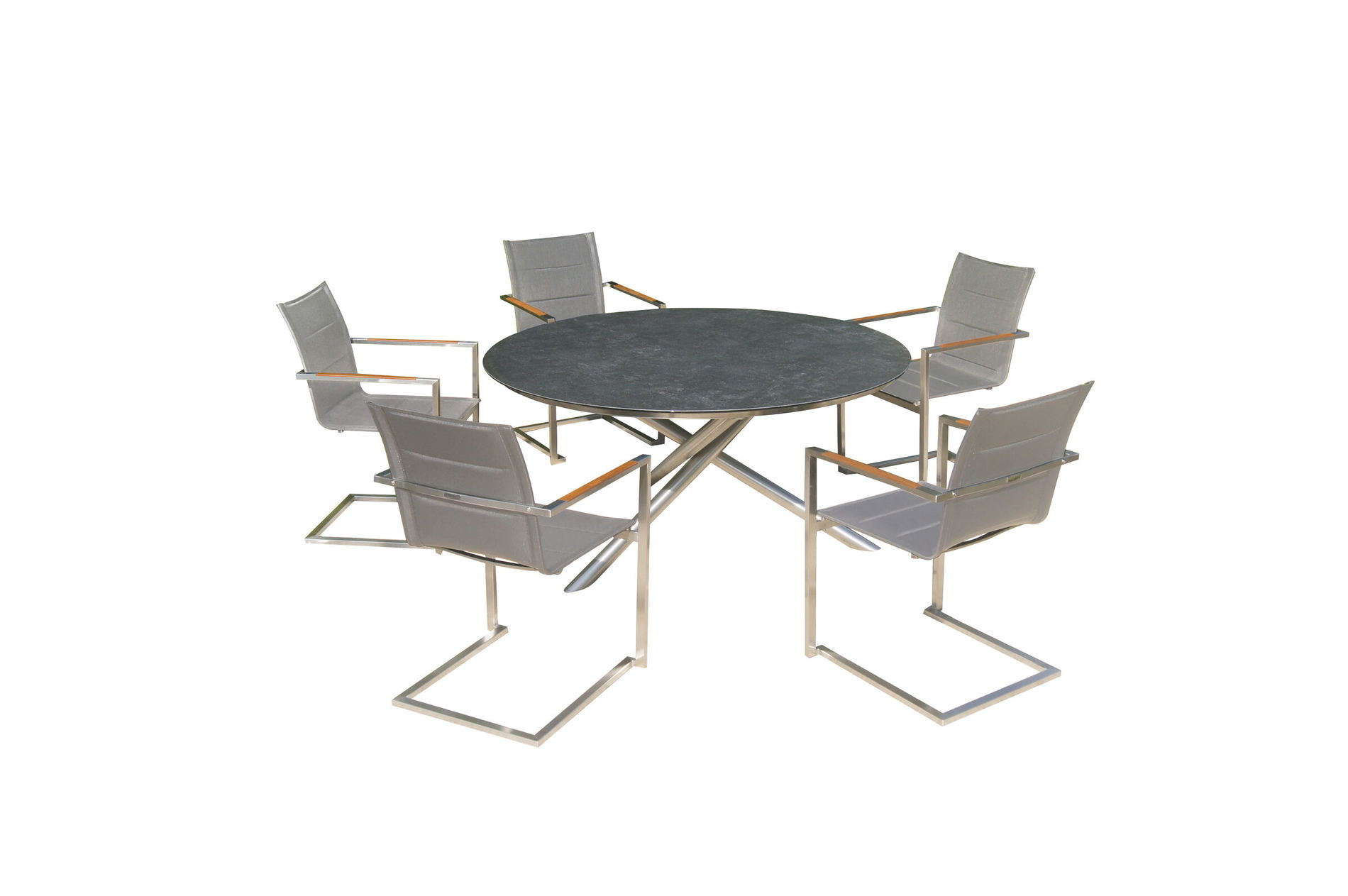 OUTFLEXX Ensemble repas de jardin, argent/gris, acier inoxydable/vitrocéramique/Textilène/Teck, table Ø150cm, 5 chaises cantilever, rembourrées 24043__1