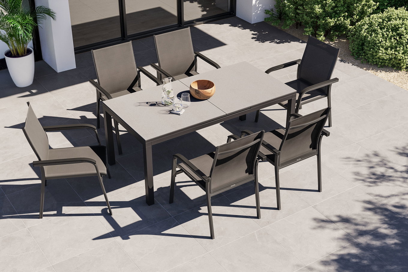 KETTLER BasicPlus Premium Groupe repas de jardin, anthracite, Alu/Spraystone, Table 180/240x90 cm, 6 Fauteuils empilables 31584__1