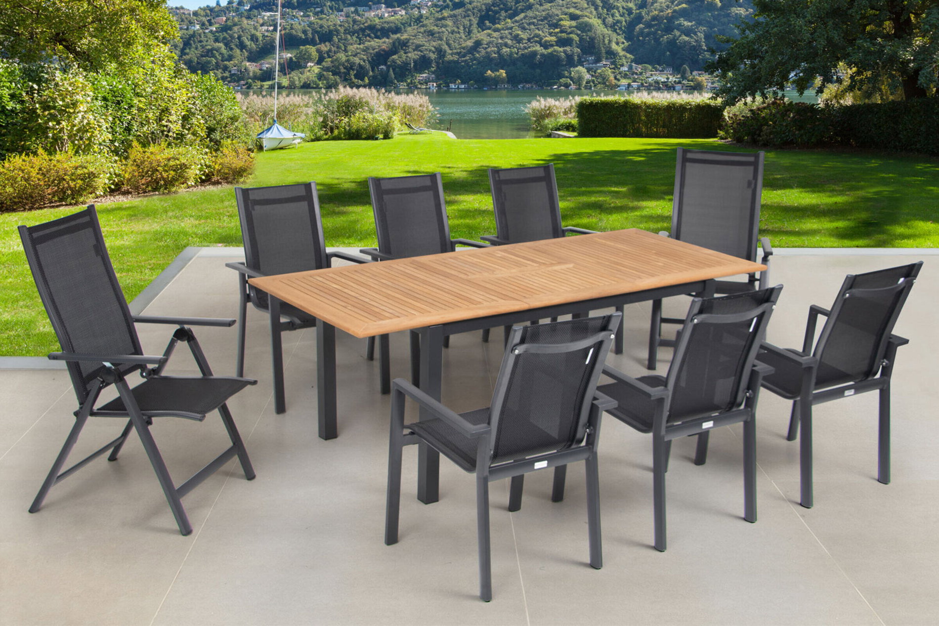 OUTFLEXX Ensemble repas de jardin, OUTFLEXX® anthracite mat, Alu / Teck / Textile, Table extensible 150/210 x 90 cm, 6 fauteuils empilables, 2 chaises pliantes 22181__1