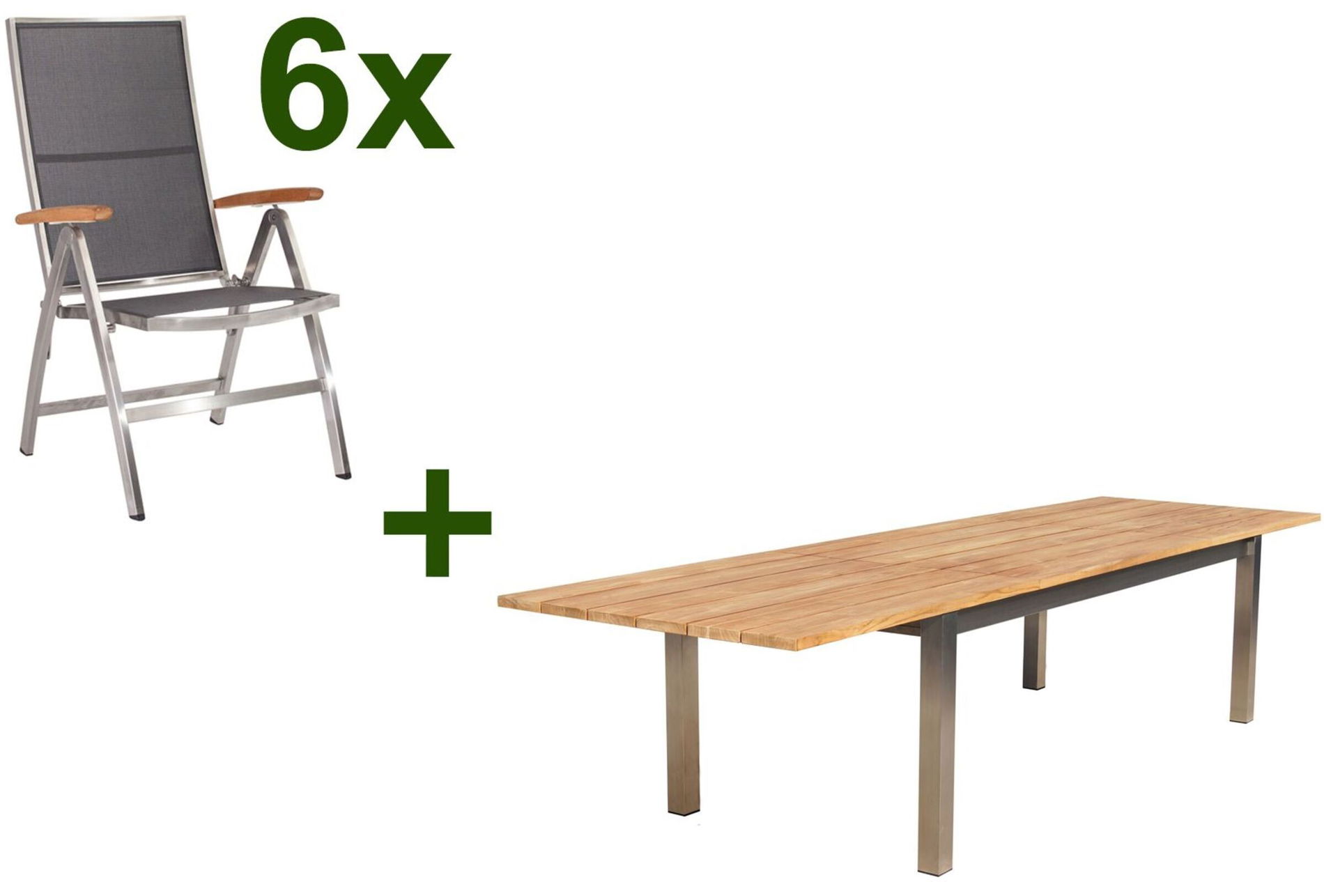 STERN Cardiff Groupe repas de jardin, argenté/gris argenté, Acier inoxydable/Teck, Table 220/340 x 100 cm, 6 Chaises pliantes, Produit certifié FSC®