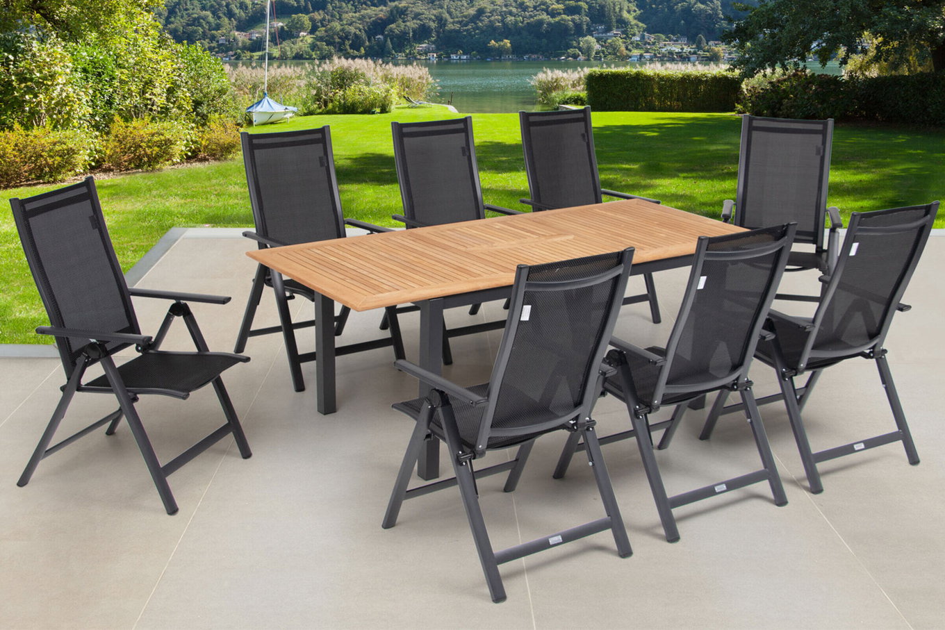 OUTFLEXX Salon de jardin repas, OUTFLEXX® anthracite mat, Alu / Teck / Textile, Table extensible 150/210 x 90 cm, 8 chaises pliantes 22175__1