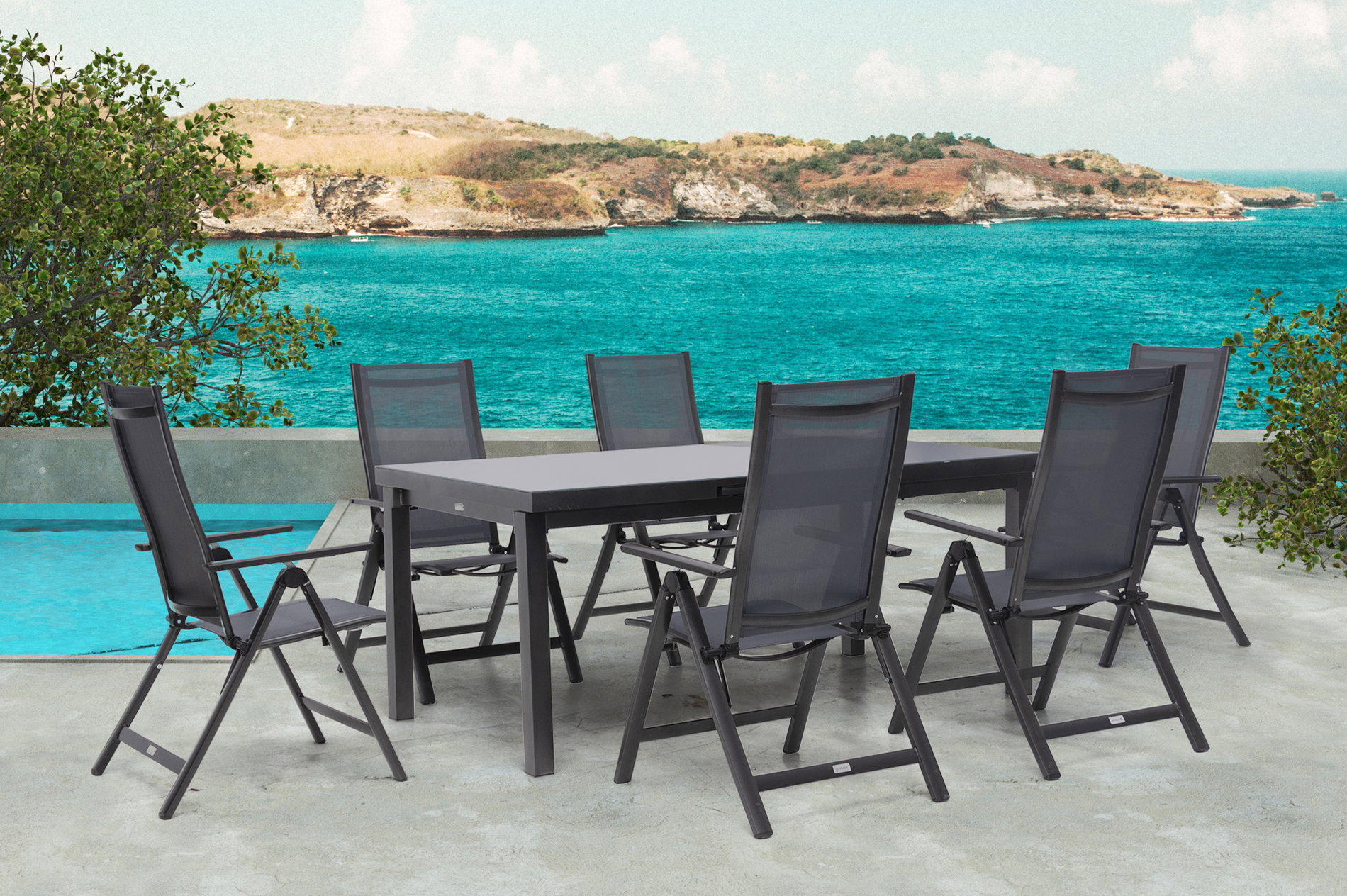OUTFLEXX Premium Salon de jardin, anthracite/gris, Alu/Textilène, Table extensible 180/240x100cm, 6 Chaises pliantes