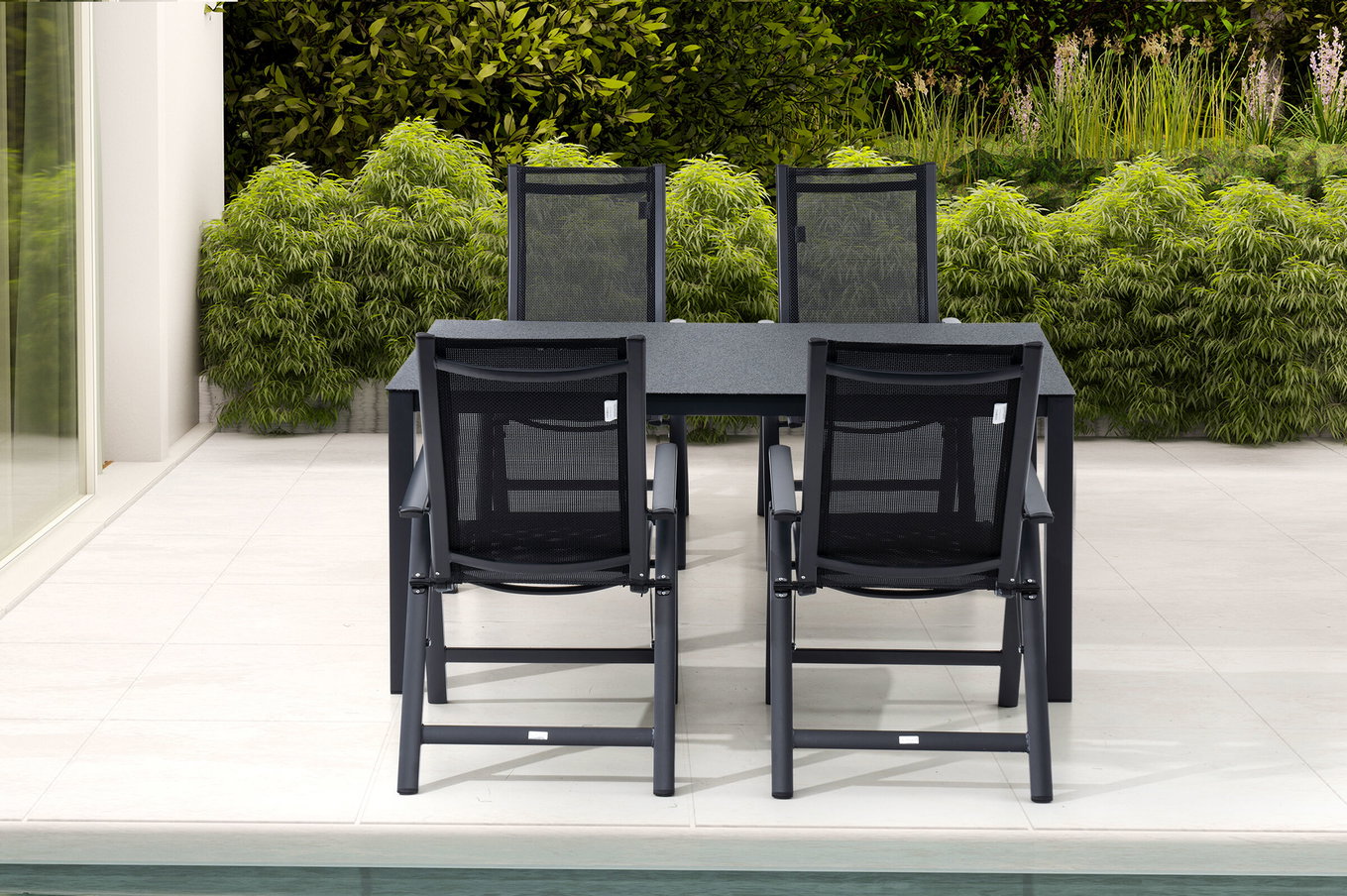 Ensemble repas de jardin OUTFLEXX, anthracite mat, Alu/Spraystone/Textilène, 160 x 95 cm, 4 chaises pliantes 28185__1